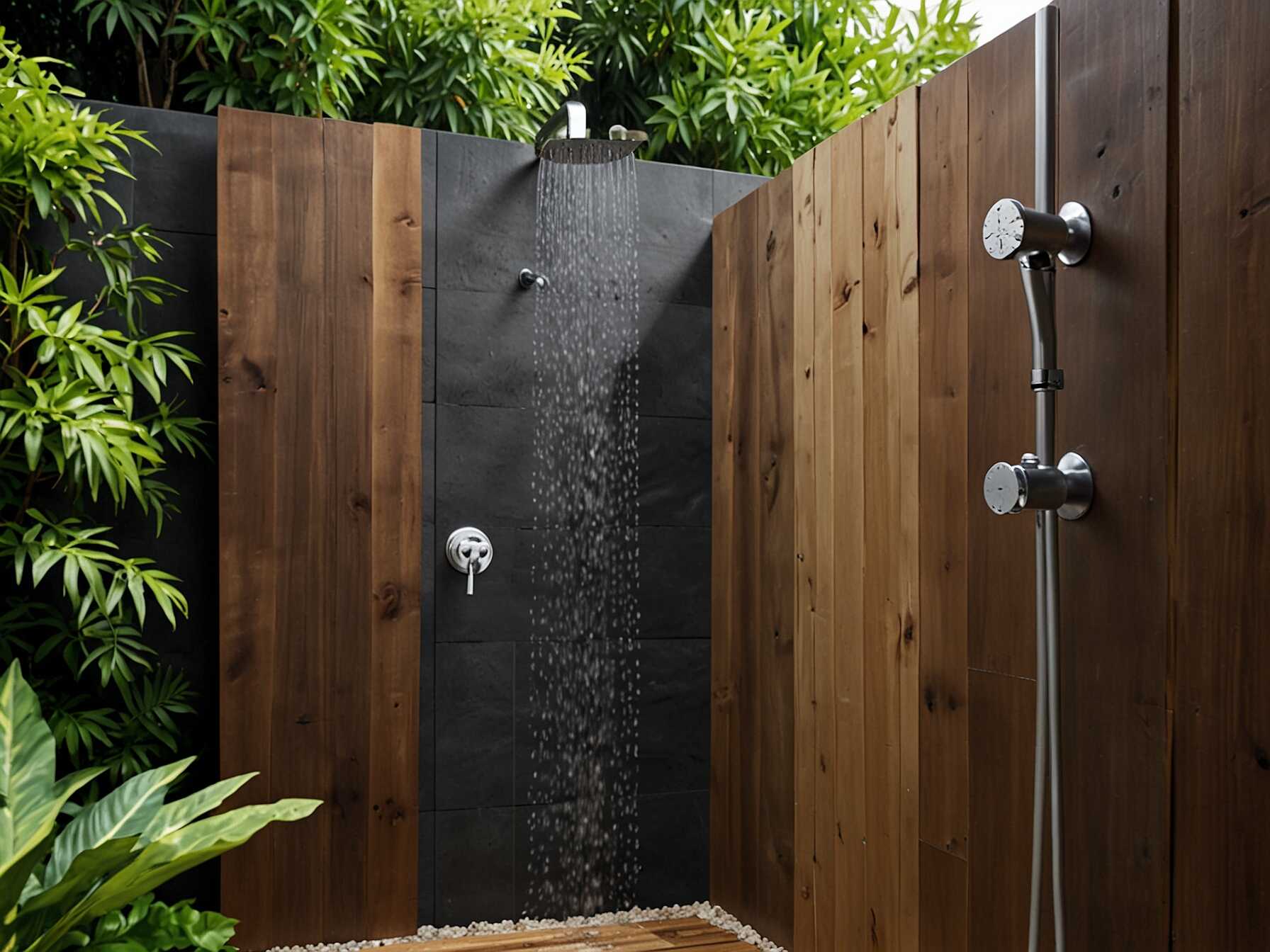 Install an outdoor shower for a refreshing feature. It’s great for cooling off on hot days. Make it private with tall plants or a simple enclosure for a mini oasis.  