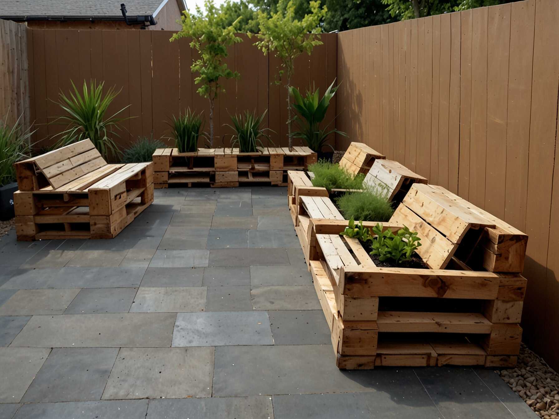 Use recycled materials for a sustainable courtyard design. Pallets can be turned into furniture. Old cans or tires can be repurposed as planters. Its eco-friendly and budget-friendly.  