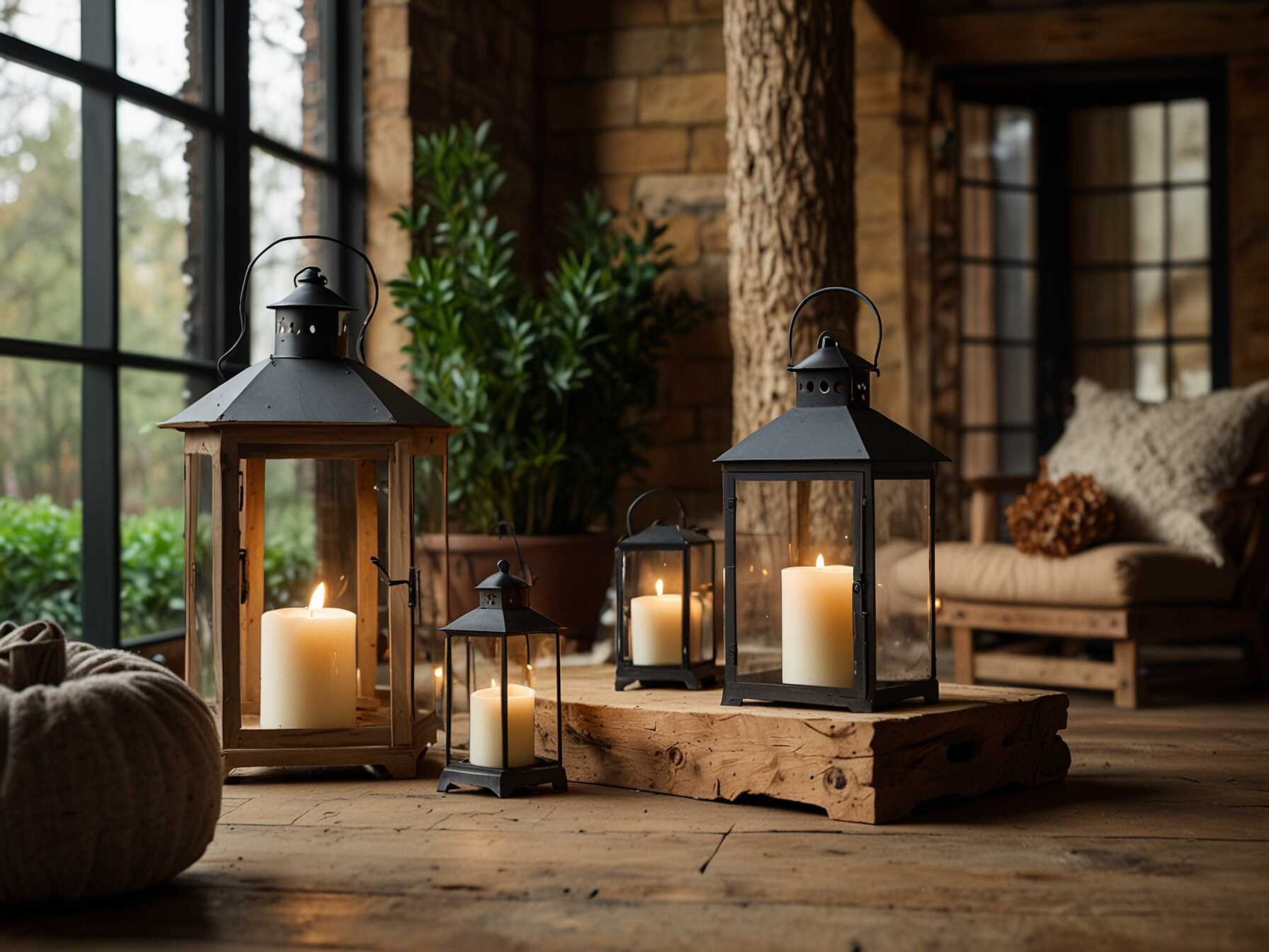 Create a rustic look with wooden furniture and earthy tones. Incorporate materials like stone and metal to add a rugged appeal. Add some lanterns or fairy lights for a cozy atmosphere.  