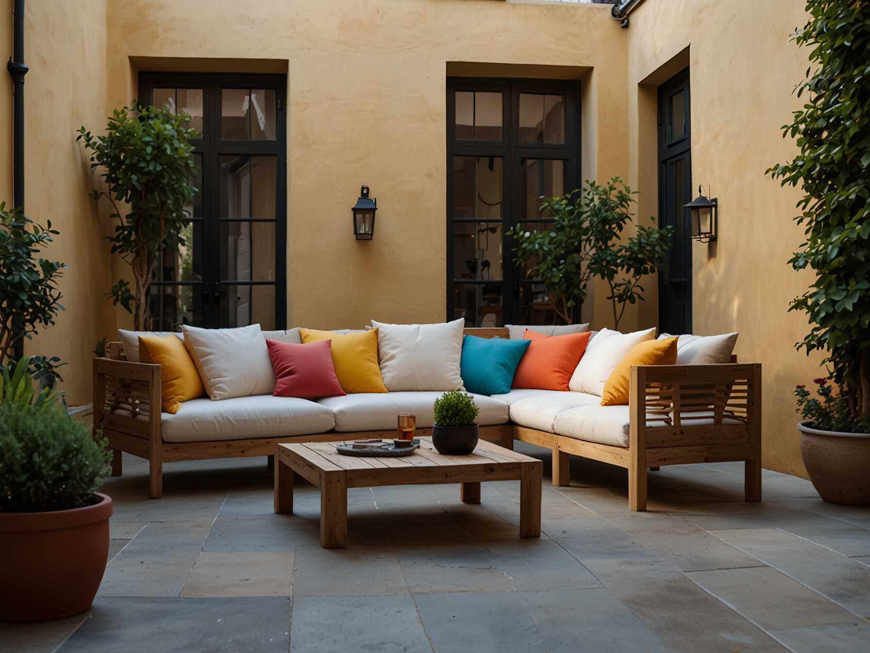 Invest in stylish furniture to make your courtyard more welcoming. Use outdoor sofas, chairs, and tables. Add some colorful cushions and throws to make the seating area vibrant and comfortable.  