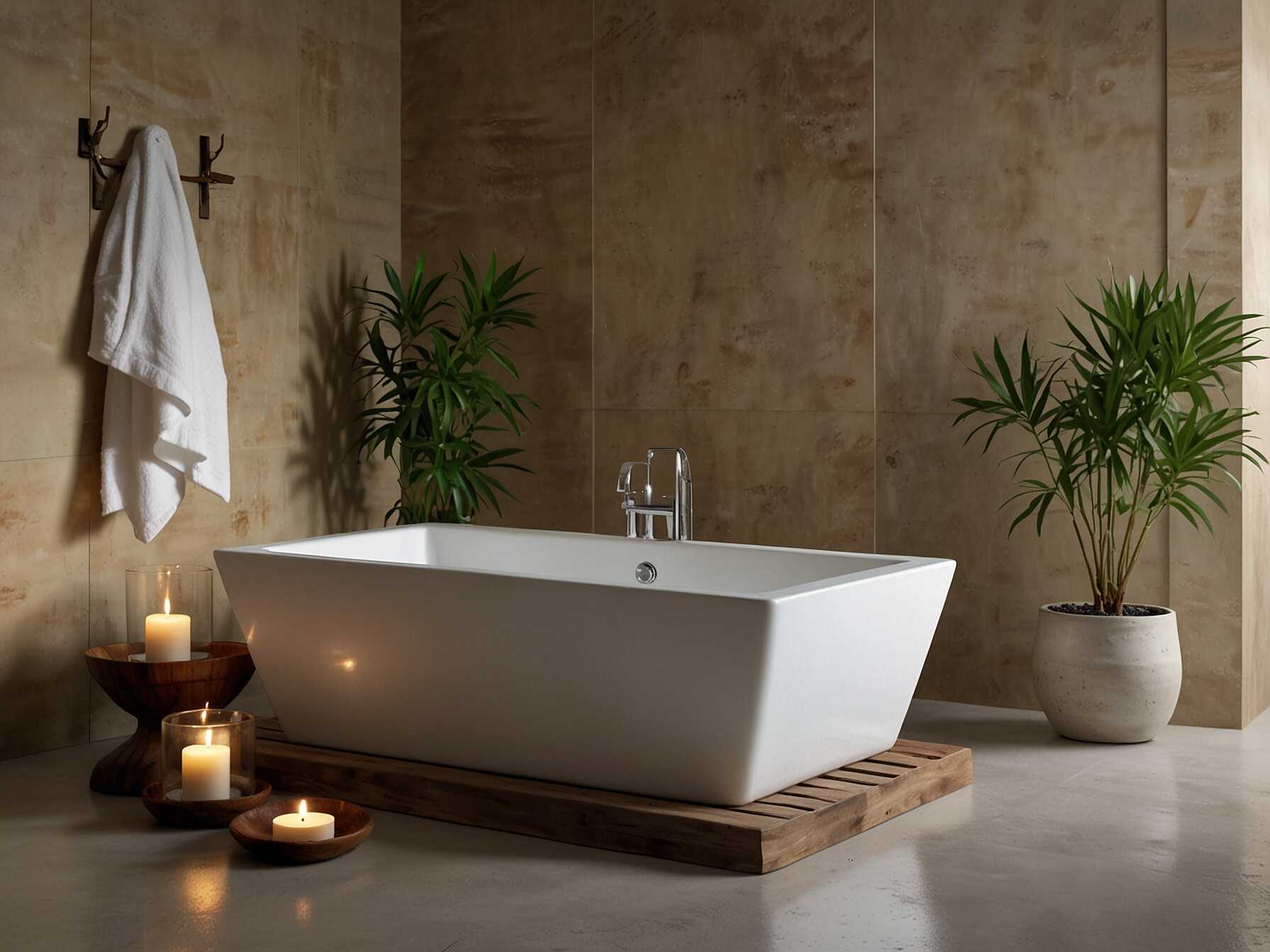 You can make your bathroom feel like a spa with a few changes. Add scented candles, soft towels, and a small plant or two. Use calming colors like beige and white.  