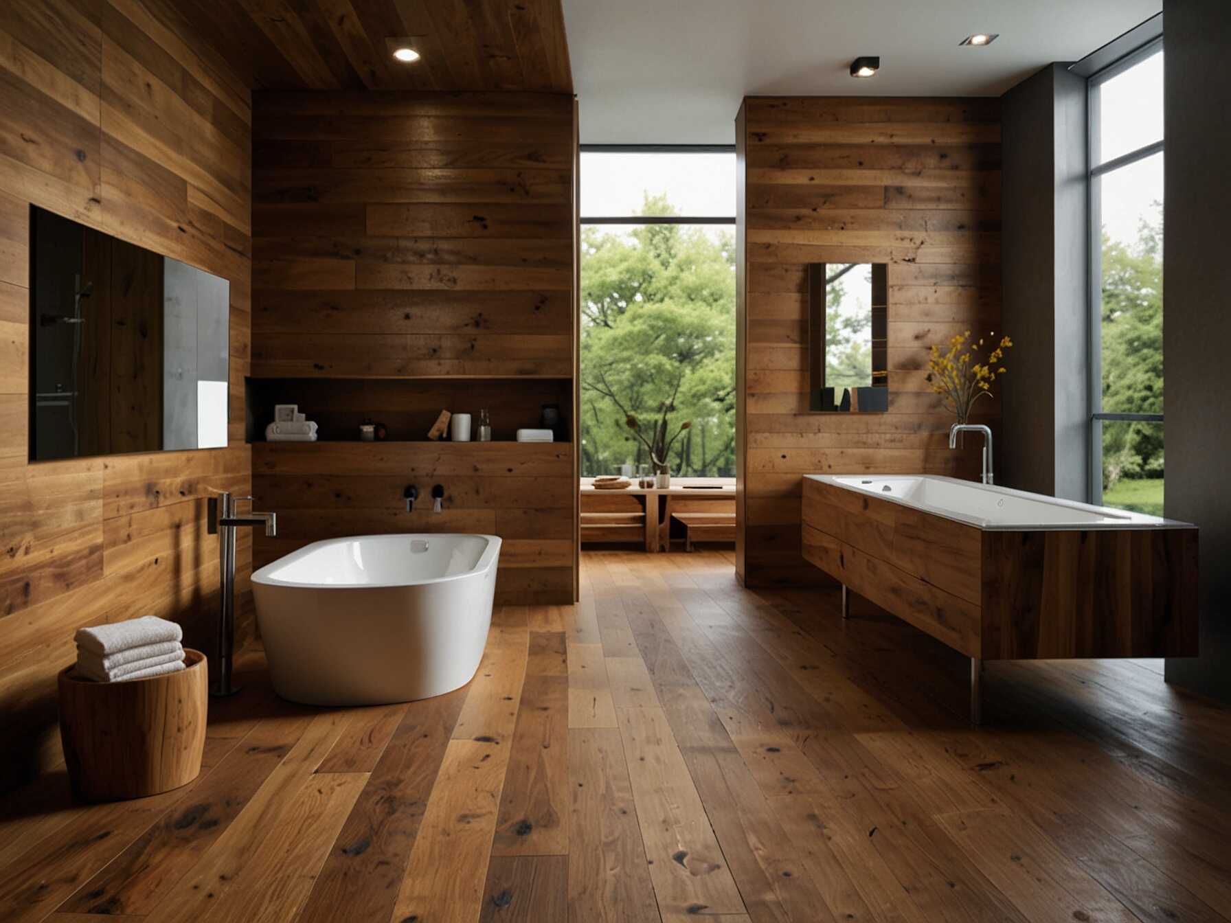 Wood accents add warmth and a natural touch to your bathroom. You can use wood for shelves, counters, or even a wooden bath mat. Choose a wood that matches your overall design.  