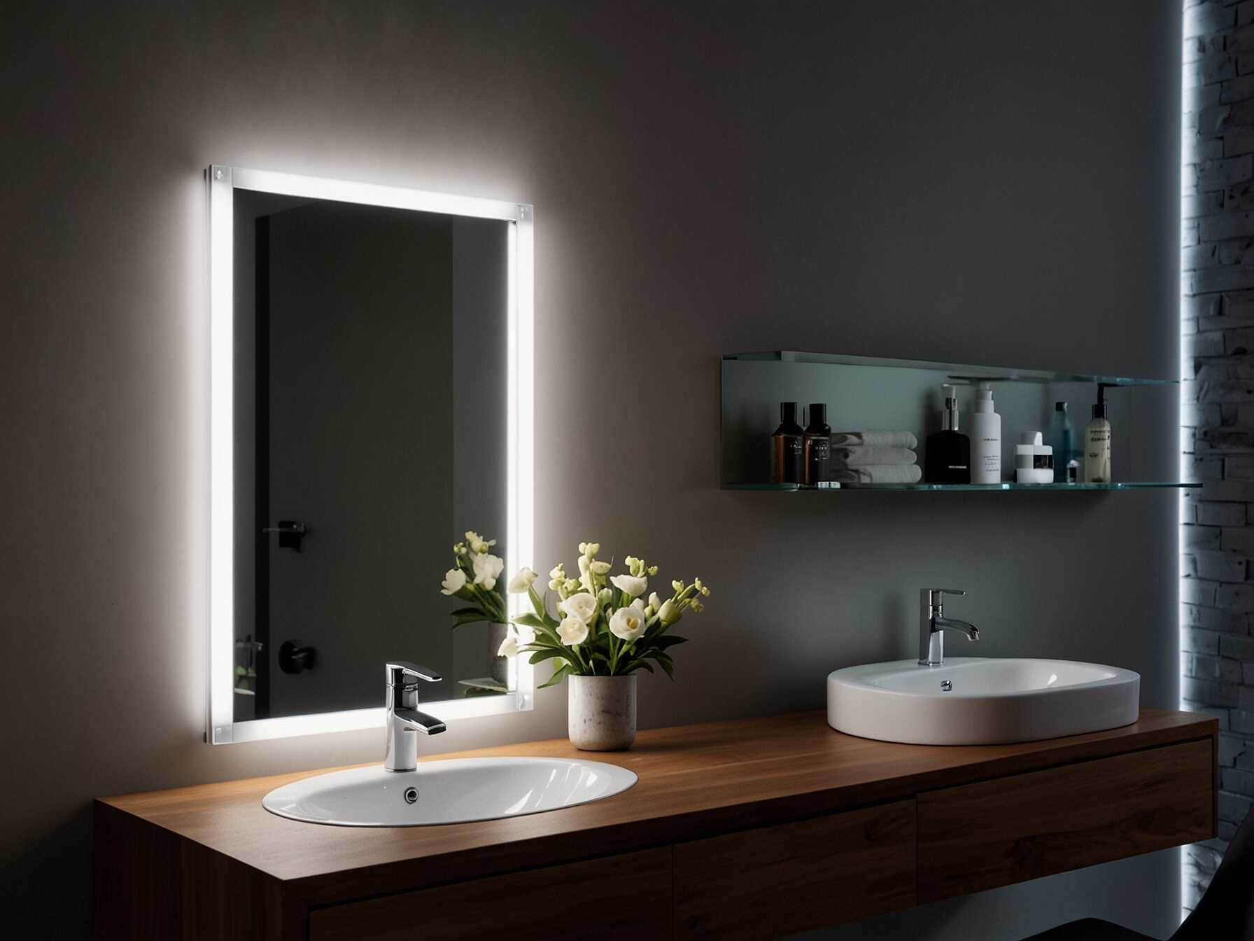 A backlit mirror adds a modern touch and great lighting. It can be especially useful for tasks like shaving or applying makeup. It also creates a soft, relaxing glow.  