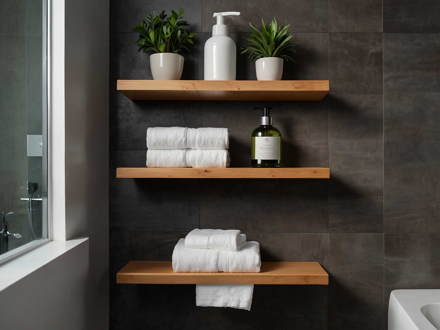 Floating shelves add storage without taking up floor space. They are great for holding toiletries, towels, and even small plants. You can place them above the toilet or next to the sink.  