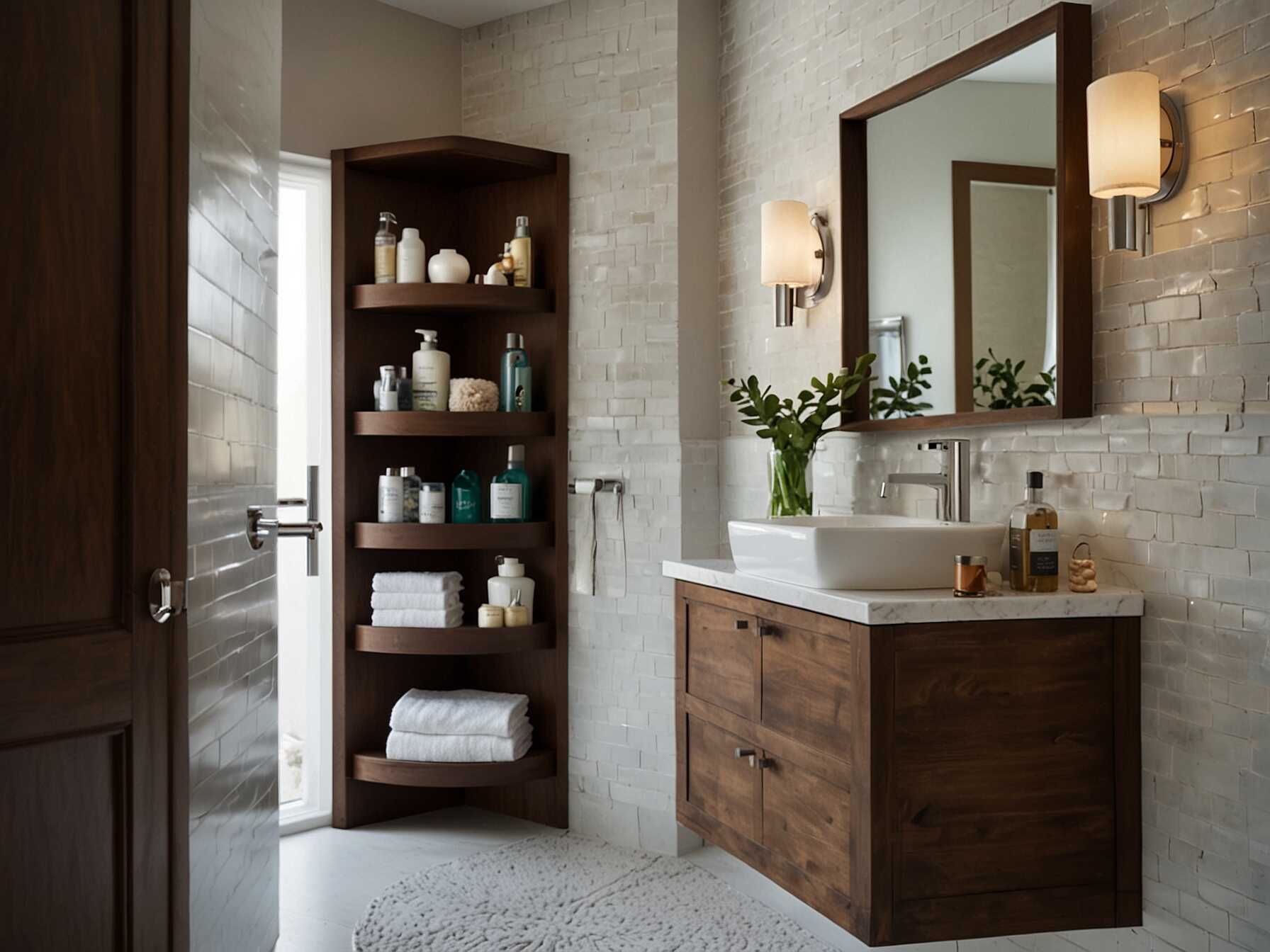 Look for smart storage options to keep your bathroom tidy. Over-the-door racks, corner shelves, and multi-tiered storage can help. These solutions make the best use of every inch of space.  