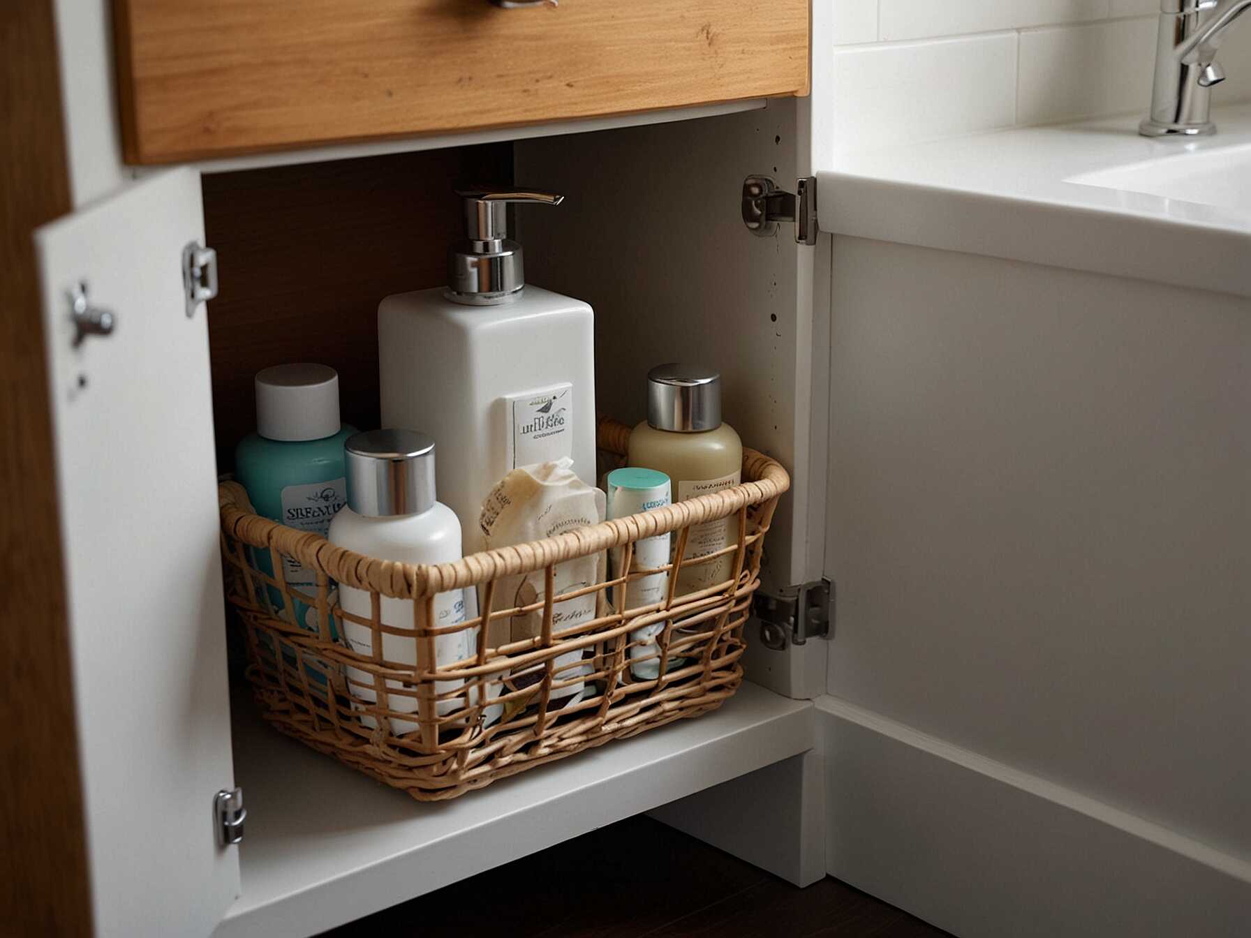 Baskets under your sink can help keep things organized. They are perfect for storing things like extra toilet paper, cleaning supplies, and toiletries. Choose baskets that match your decor.  