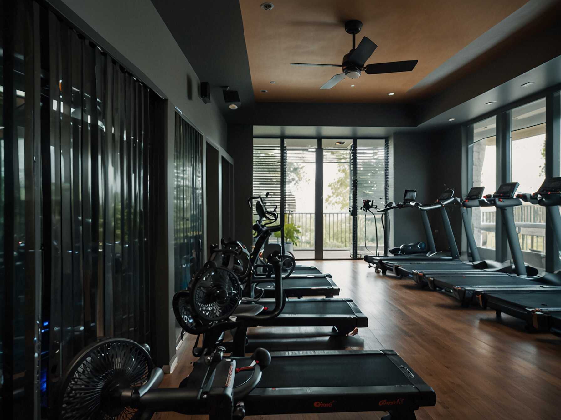 Equip your exercise room with cooling fans. They keep you comfortable during intense workouts. Fans also circulate air, making the room feel fresh.  