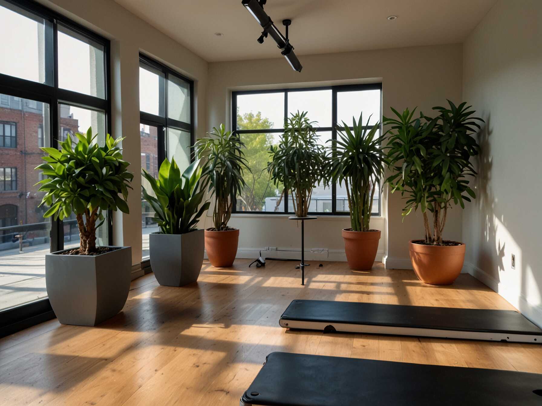 Add some greenery to your exercise room. Plants improve air quality and create a calming environment. Choose low-maintenance plants like succulents or snake plants.  