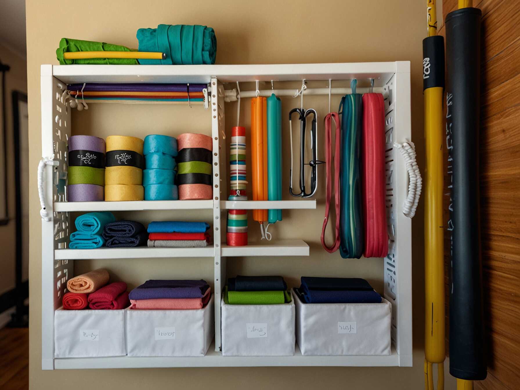 Install a rack for accessories like yoga blocks, resistance bands, and jump ropes. Keeping things organized helps you find what you need quickly. A tidy space is more inviting.  