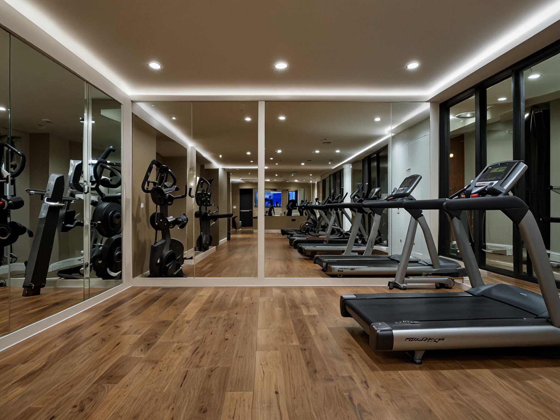 Install large mirrors on the walls of your exercise room. They help you monitor your form and make the room feel bigger. Mirrors also reflect light, making the space brighter.  