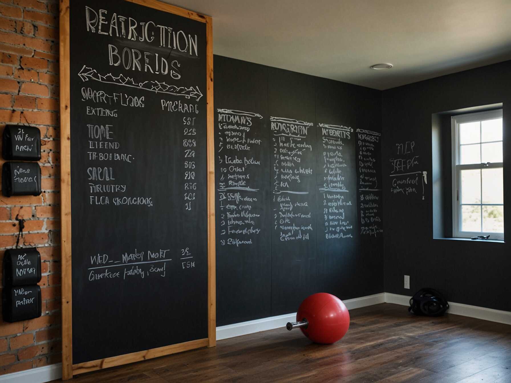 Install a chalkboard or whiteboard in your exercise room. Write down your fitness goals, workout routines, or daily inspirations. Regularly updating the board keeps you on track.  