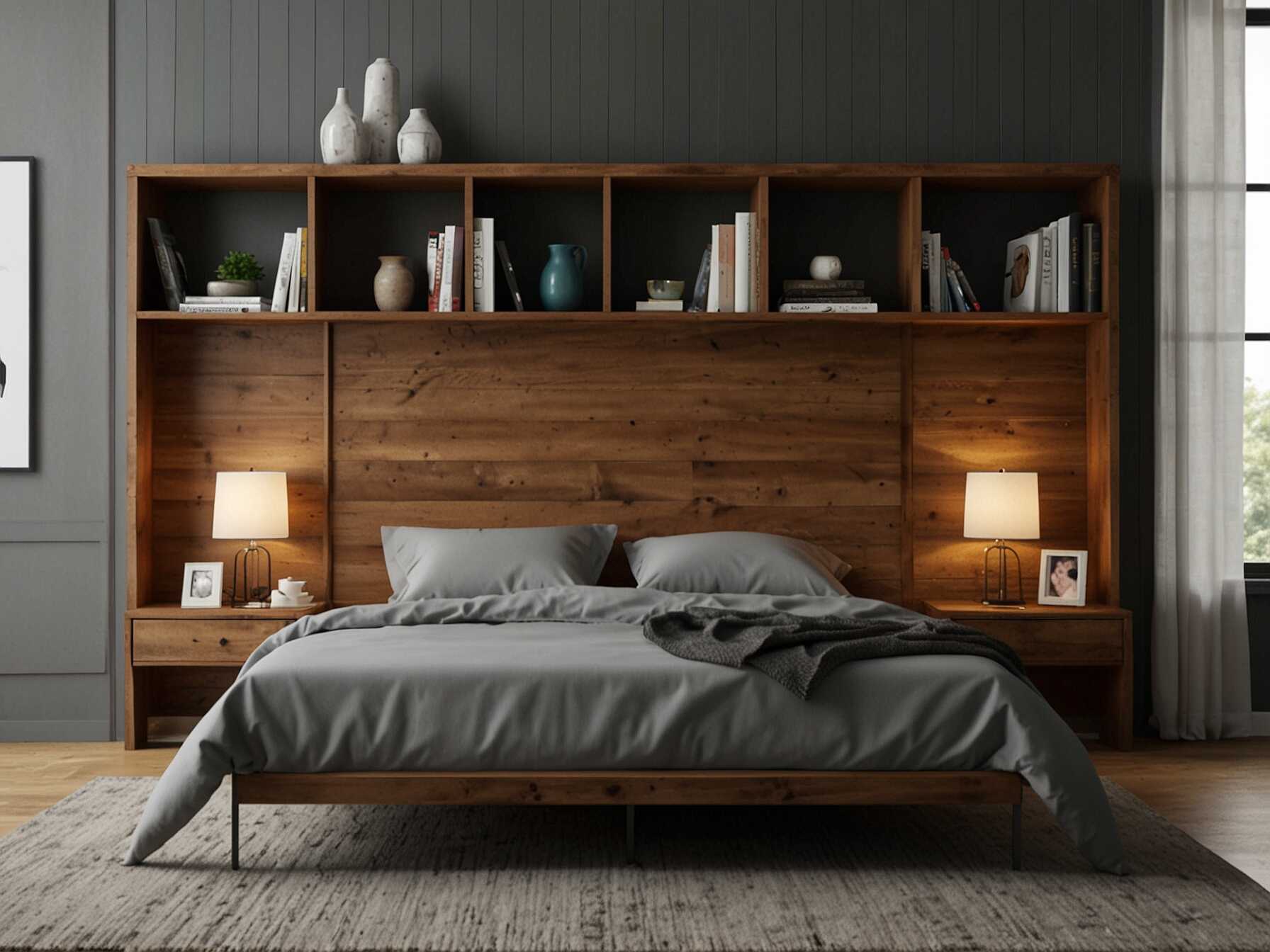 A bookshelf headboard combines storage and style. It’s perfect for storing books, alarm clocks, or decorative items. This design saves space and looks great.  