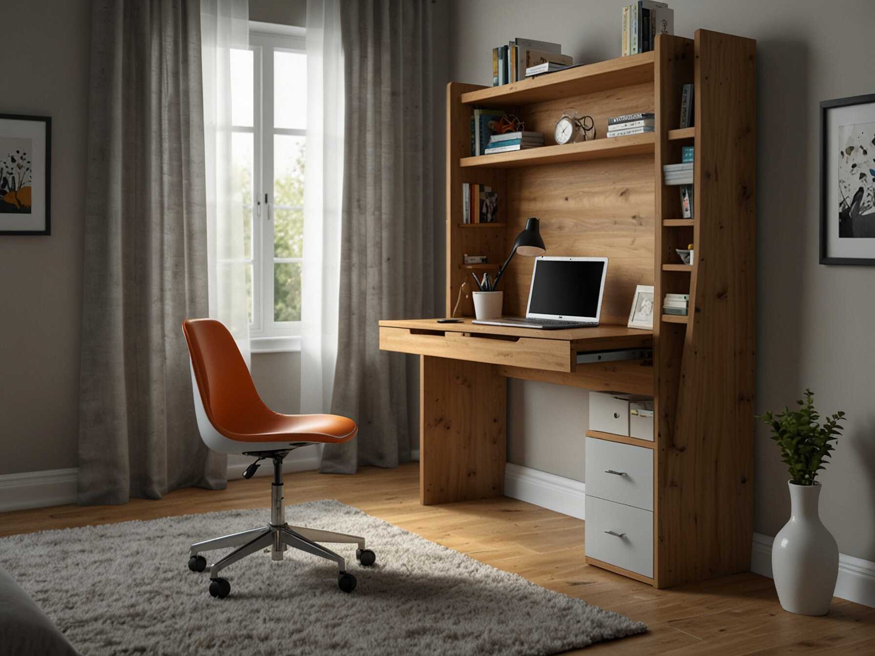 A fold-out desk is perfect for small bedrooms. It provides a workspace when needed and folds away when not in use. This saves space and keeps your room clutter-free.  