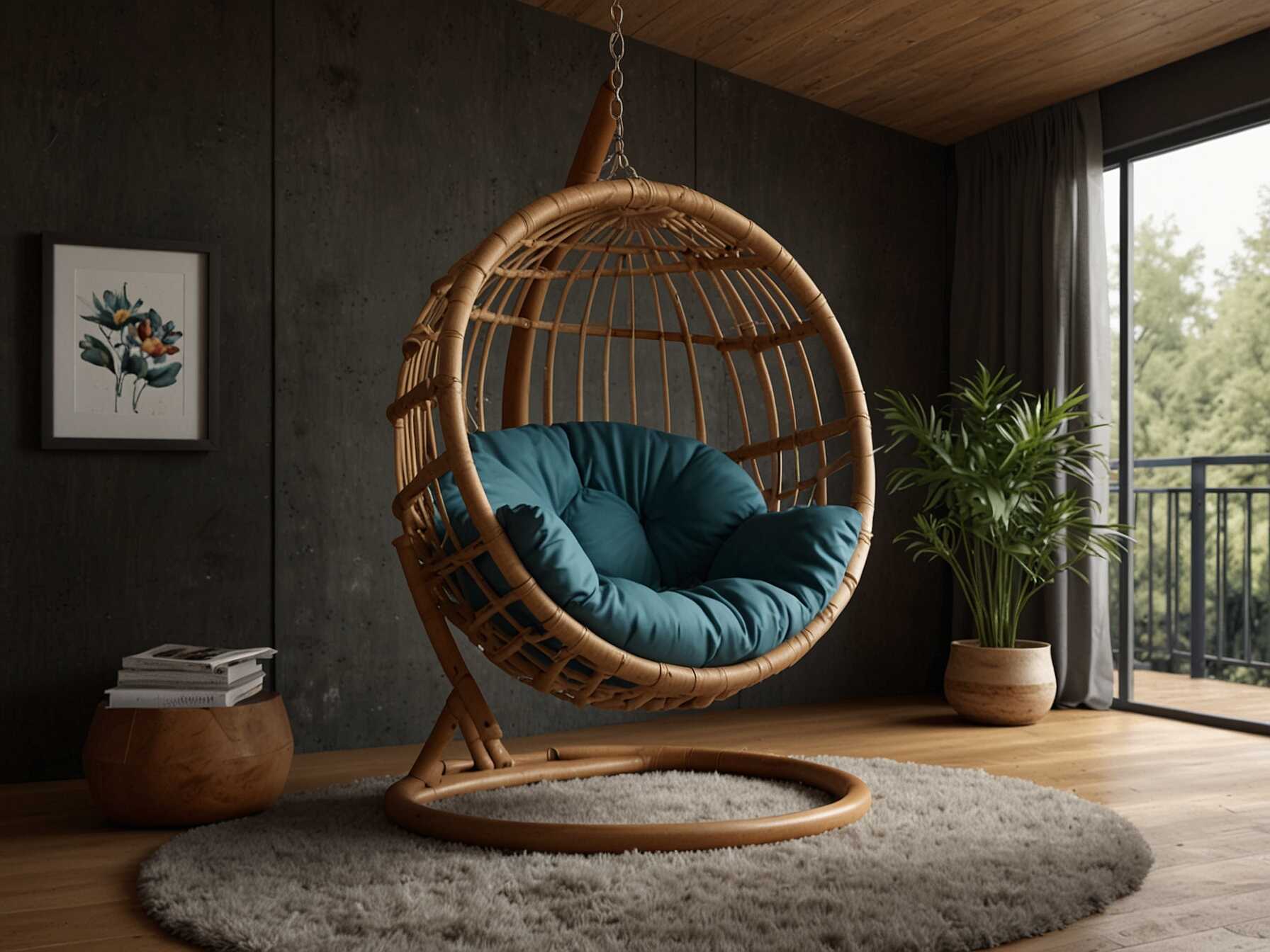 A hanging chair creates a cozy spot in your bedroom. Its perfect for reading or relaxing. This unique furniture piece adds a playful touch.  