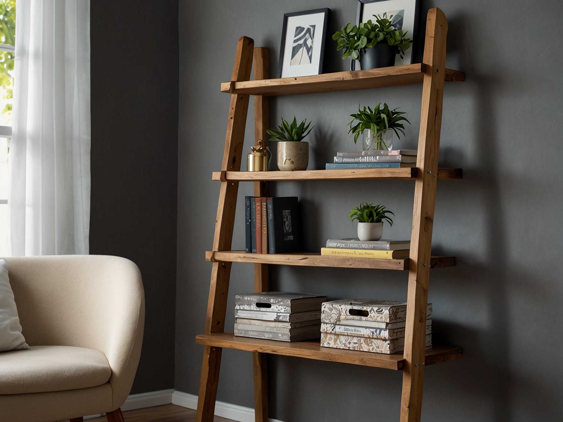 A ladder shelf is a stylish way to display your items. Use it to hold books, plants, or decorative items. Its a great piece of bedroom furniture for adding vertical storage.  