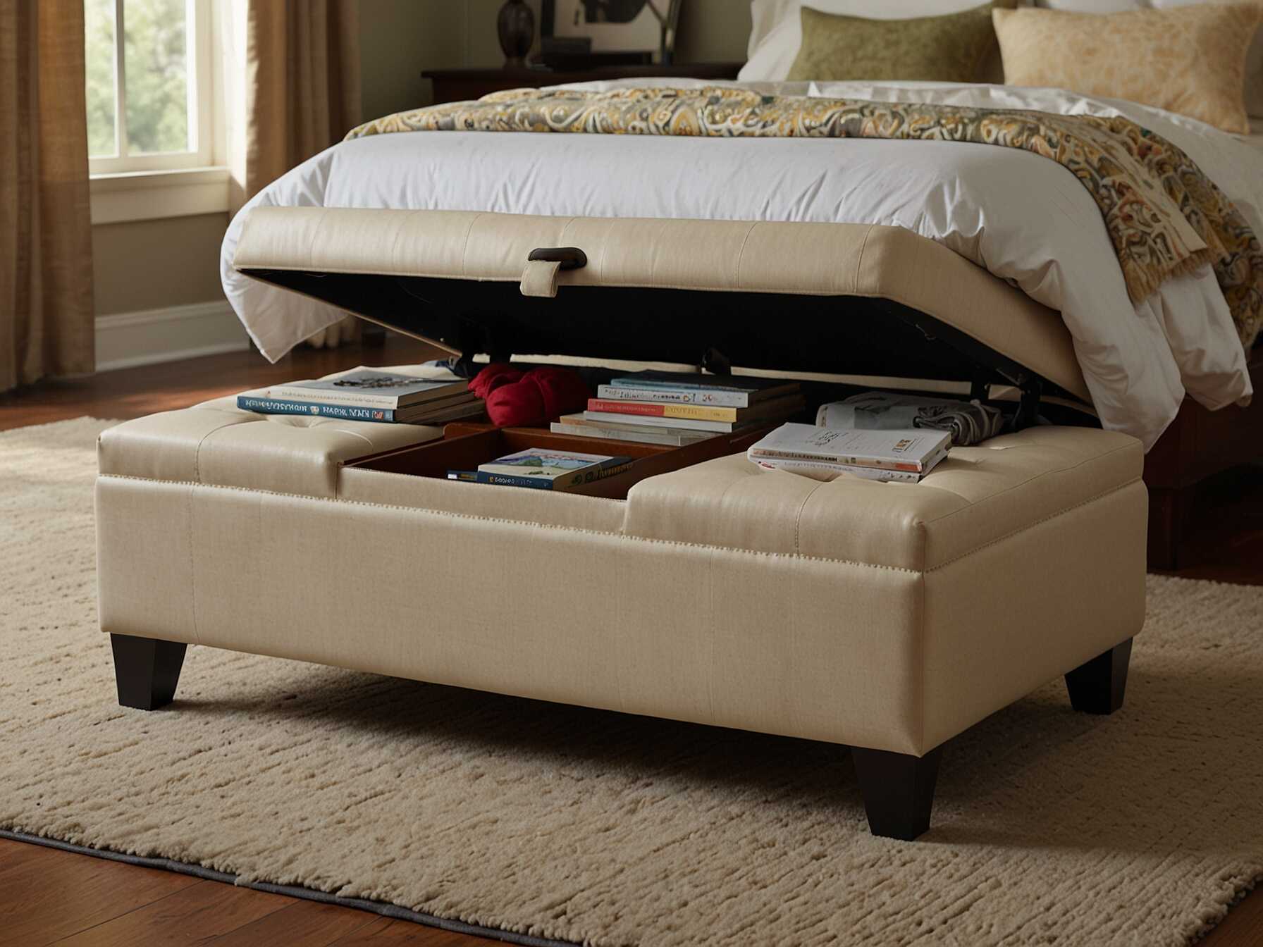 A storage ottoman is a fantastic piece of bedroom furniture. It provides extra seating and hidden storage. Use it to store blankets, pillows, or other items, keeping your bedroom tidy.  