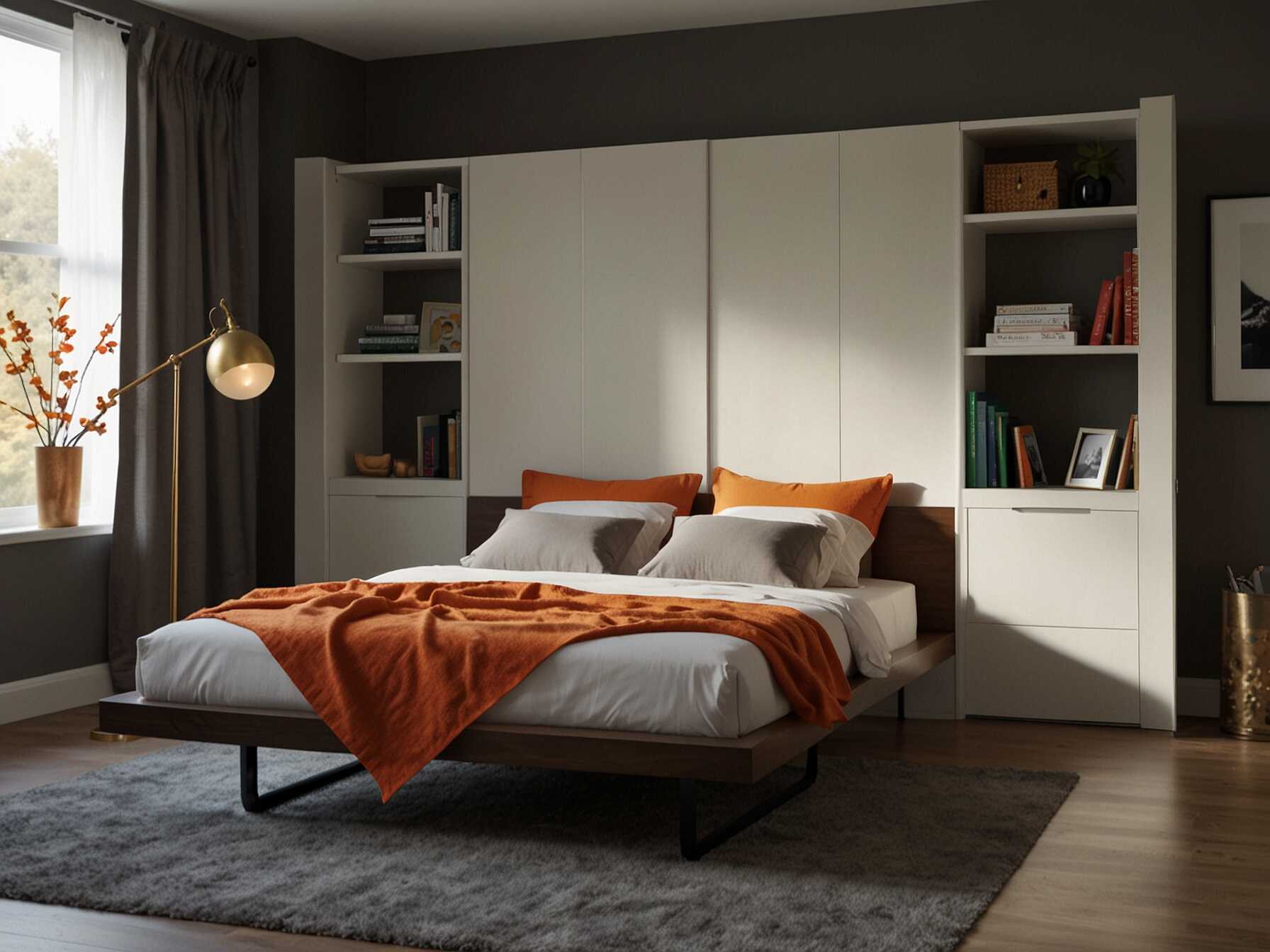 A Murphy bed is perfect for multi-functional rooms. It folds up into the wall when not in use. This bed frees up valuable floor space.  