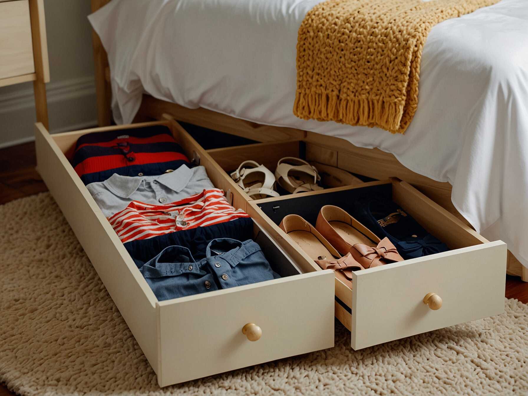 Maximize your bedroom storage with under-bed drawers. They provide hidden space for clothing, shoes, and more. This helps keep your bedroom organized and clutter-free.  