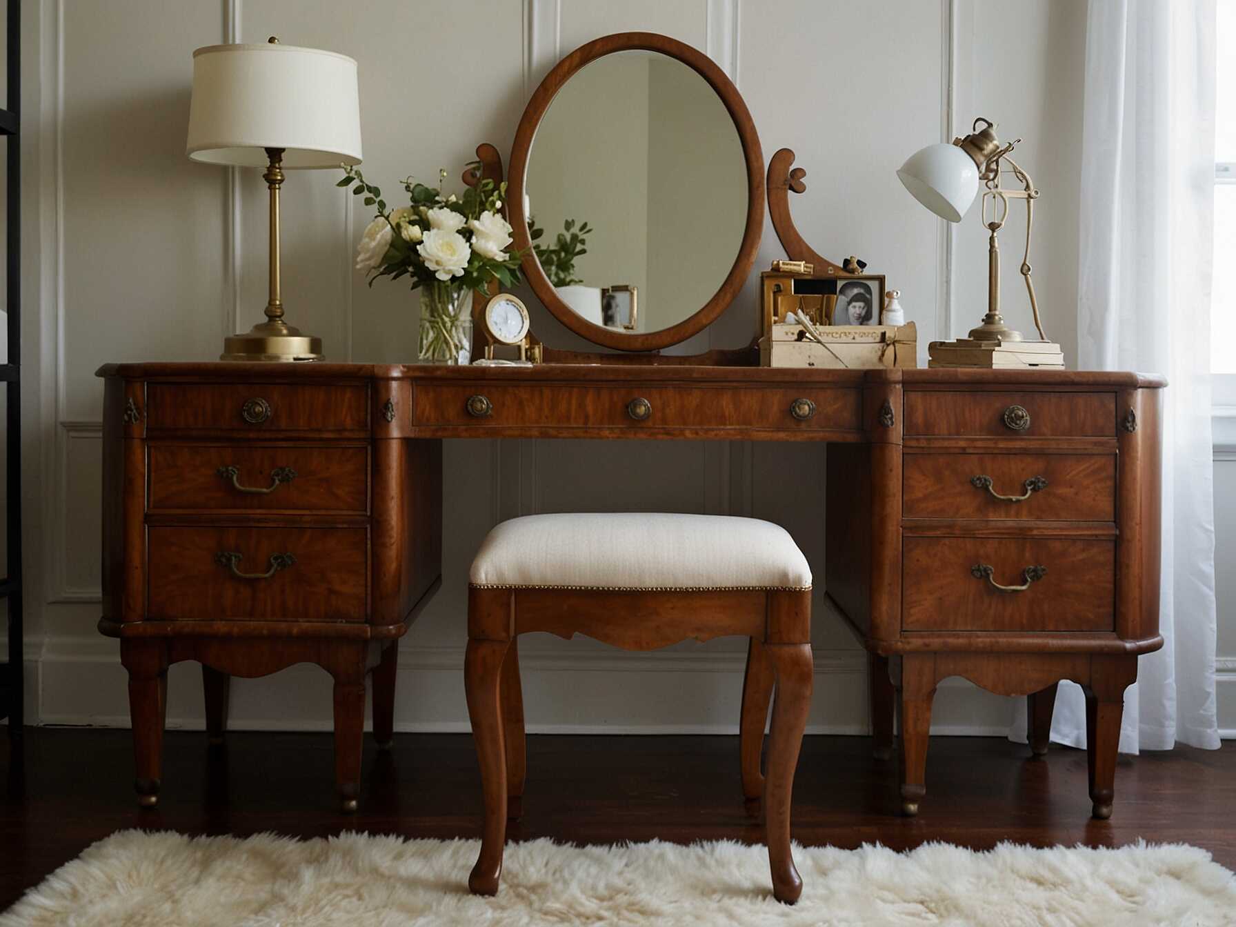 Add a vintage vanity desk to your bedroom for a touch of charm. Use it for makeup, writing, or as a statement piece. Pair it with a comfortable chair.  