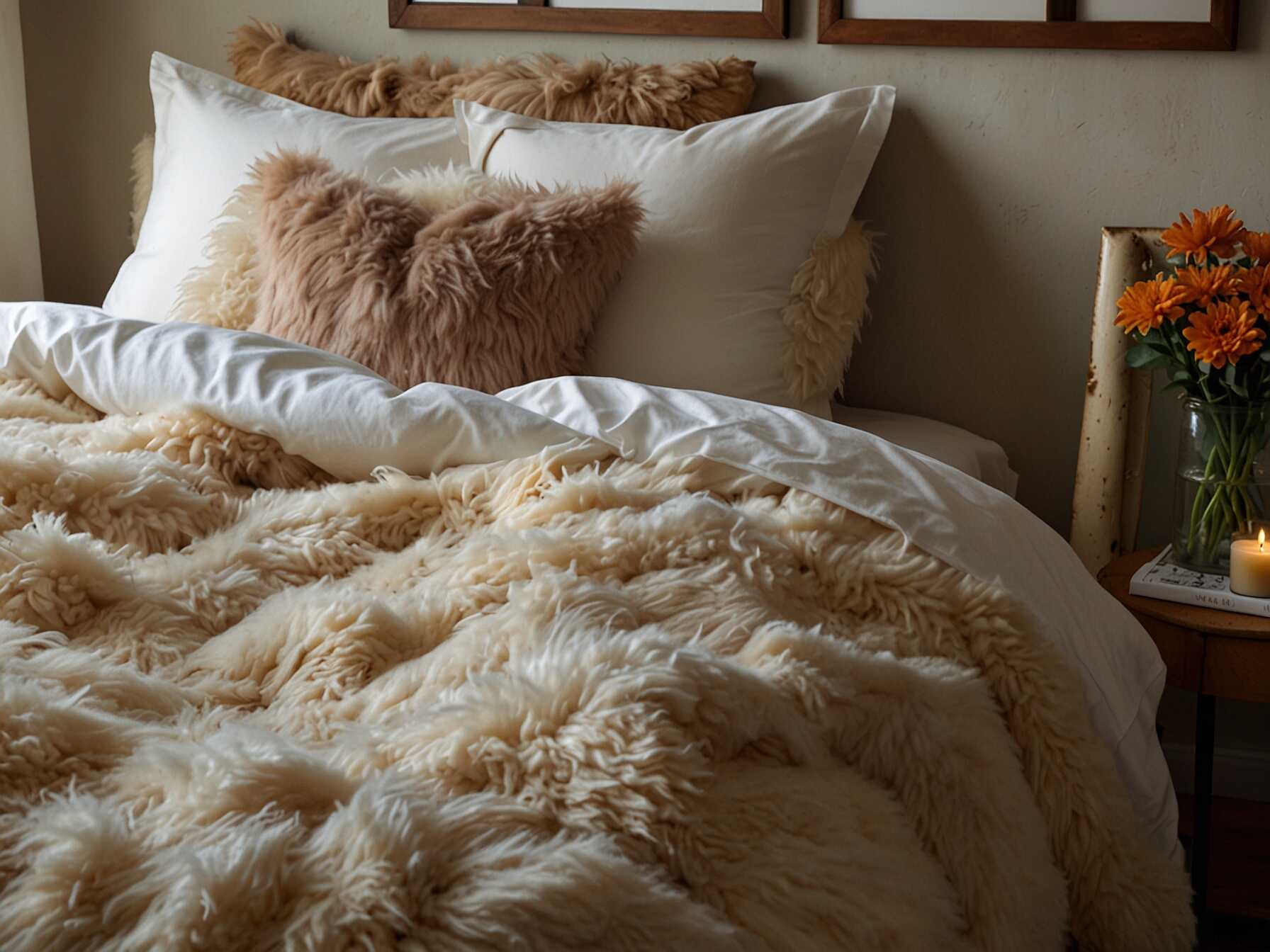 Use different textures and materials. Mix cotton, wool, and faux fur. It makes your bed look inviting. Plus, it feels great snuggling into layers.