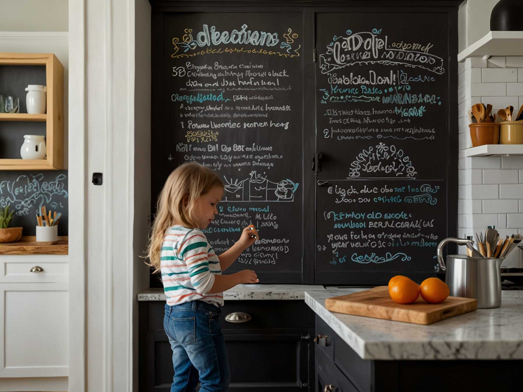 You can use chalkboard paint to transform an existing wall or cabinet. This creates a central spot for family communication. It’s also a great way to involve your kids. Let them doodle while you cook. Everyone can enjoy adding their personal touch to the kitchen.