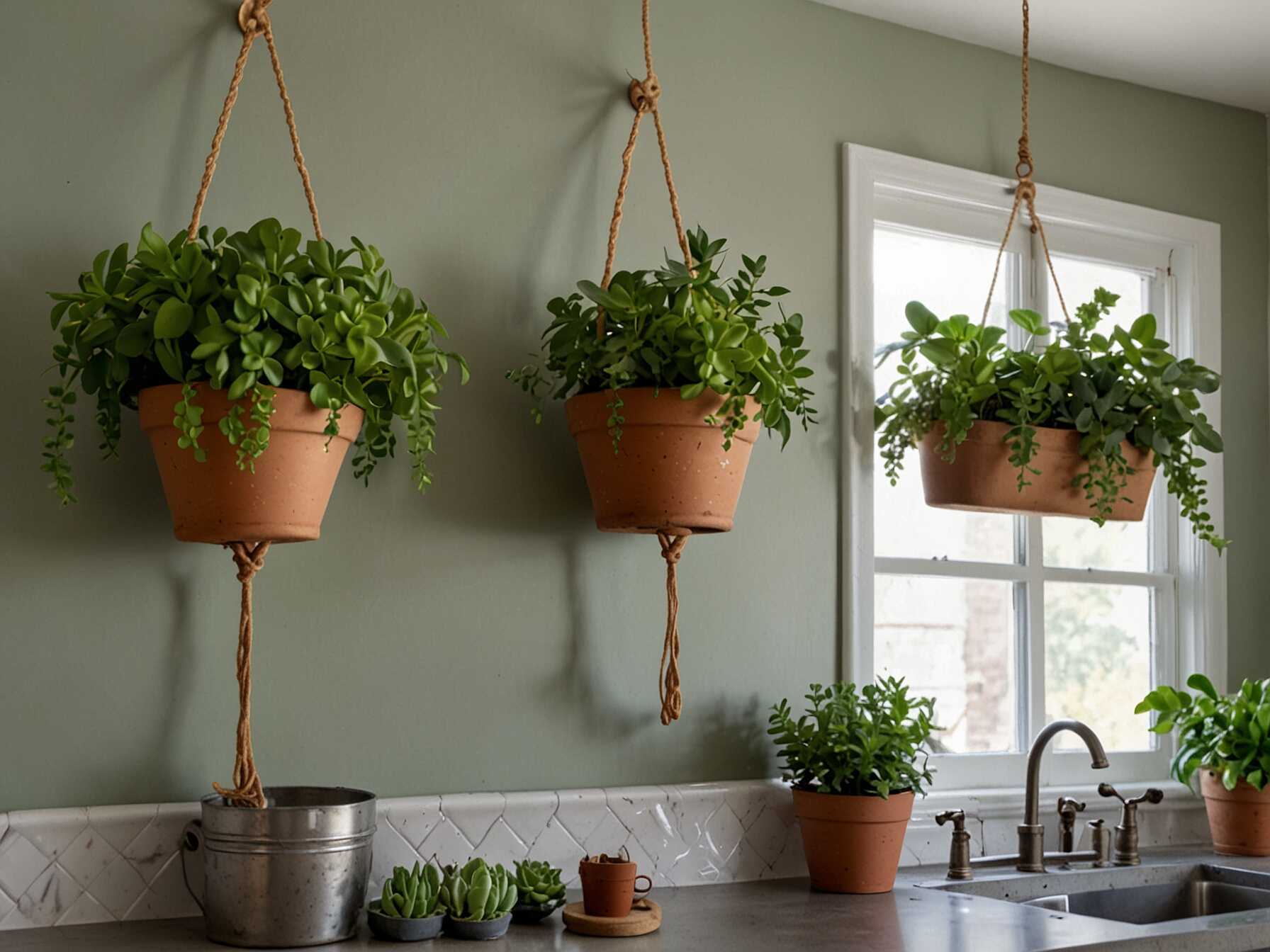 Hang planters from the ceiling or walls to save counter space. Choose easy-to-care-for plants like succulents or ferns. These add a pop of green without much effort. A small indoor herb garden can also be a fun project. It makes your kitchen look lively and smells wonderful.