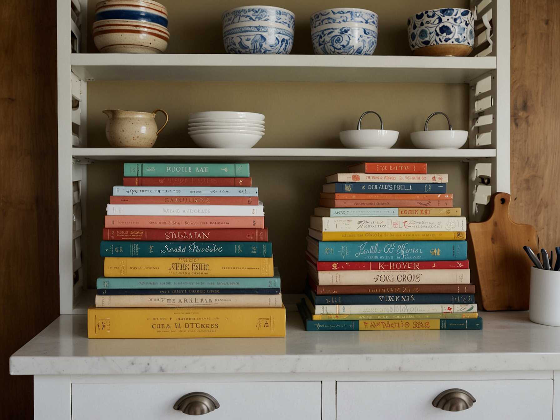 Group them by theme, size, or color for a neat look. You can even stack some horizontally for variety. Cookbooks add a personal touch to your kitchen. Having them on display also makes them easy to grab. You’ll be inspired to try new recipes and enjoy your kitchen even more.