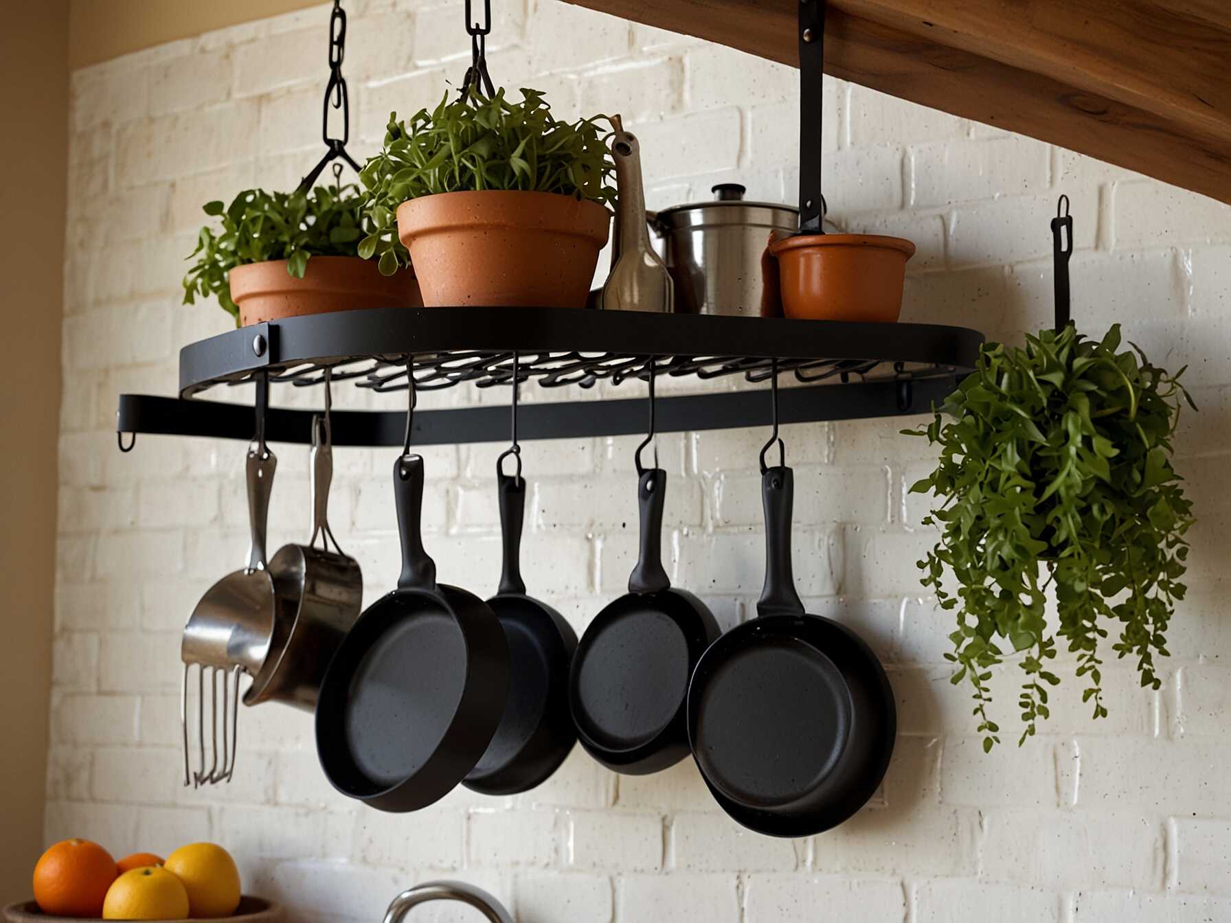 Choose a pot rack in a finish that matches your kitchen. Options include stainless steel, copper, or black metal. Add a few decorative items like hanging plants or utensils. A pot rack adds charm and makes cooking easier.