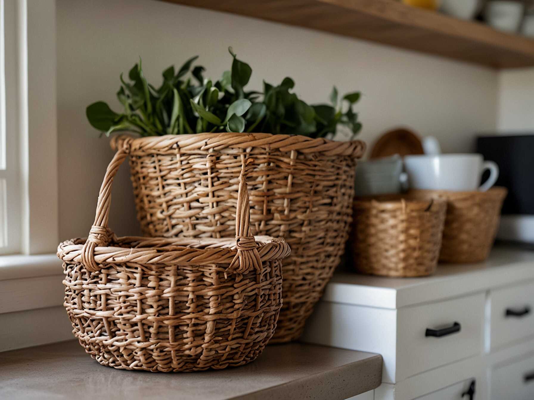 Place baskets on open shelves or countertops. They help keep things organized and within reach. Choose baskets in different sizes for variety. Using natural materials like wicker or seagrass makes your kitchen feel warm. It’s a simple way to add coziness and function.