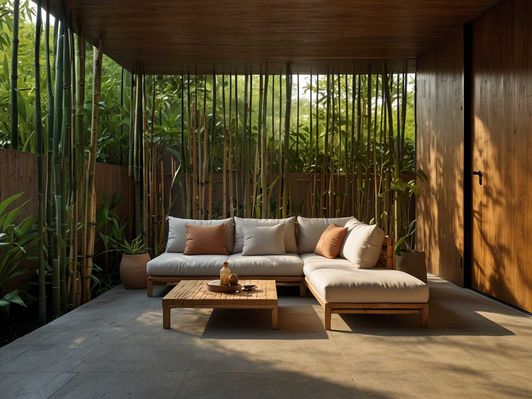 Use bamboo or fabric screens for privacy. They create a secluded and cozy area. This allows you to relax without being seen.  