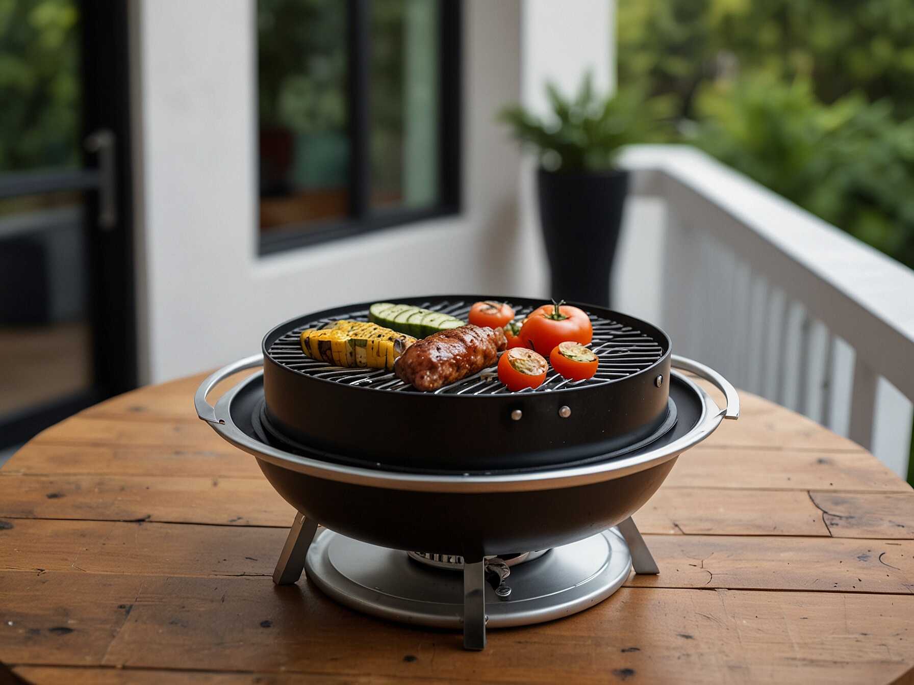 Add a compact BBQ grill for outdoor cooking. Enjoy grilling on your balcony without taking up much space. It’s perfect for small gatherings.  