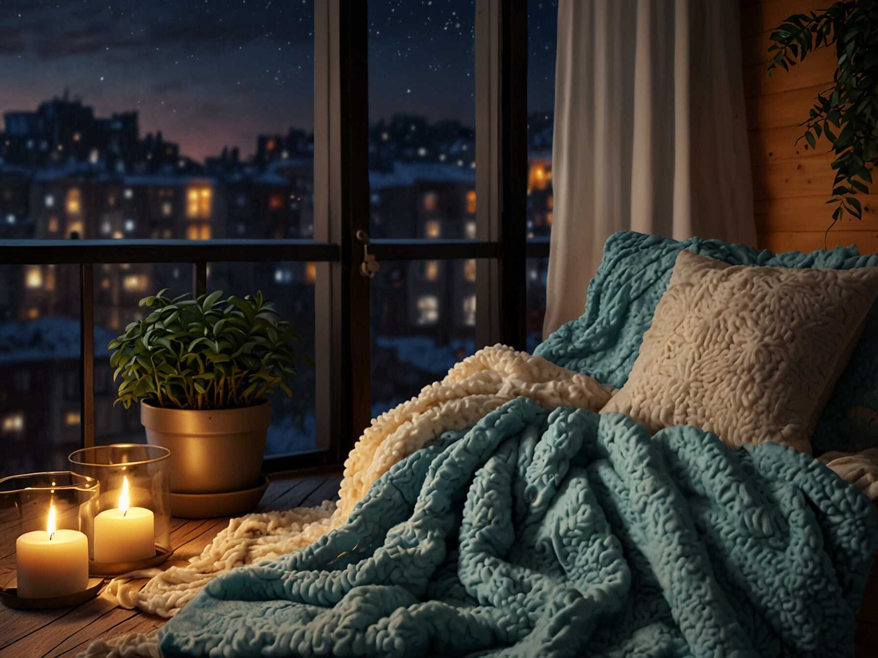 Store cozy blankets for chilly evenings. They add warmth and comfort. Perfect for enjoying the balcony year-round.  