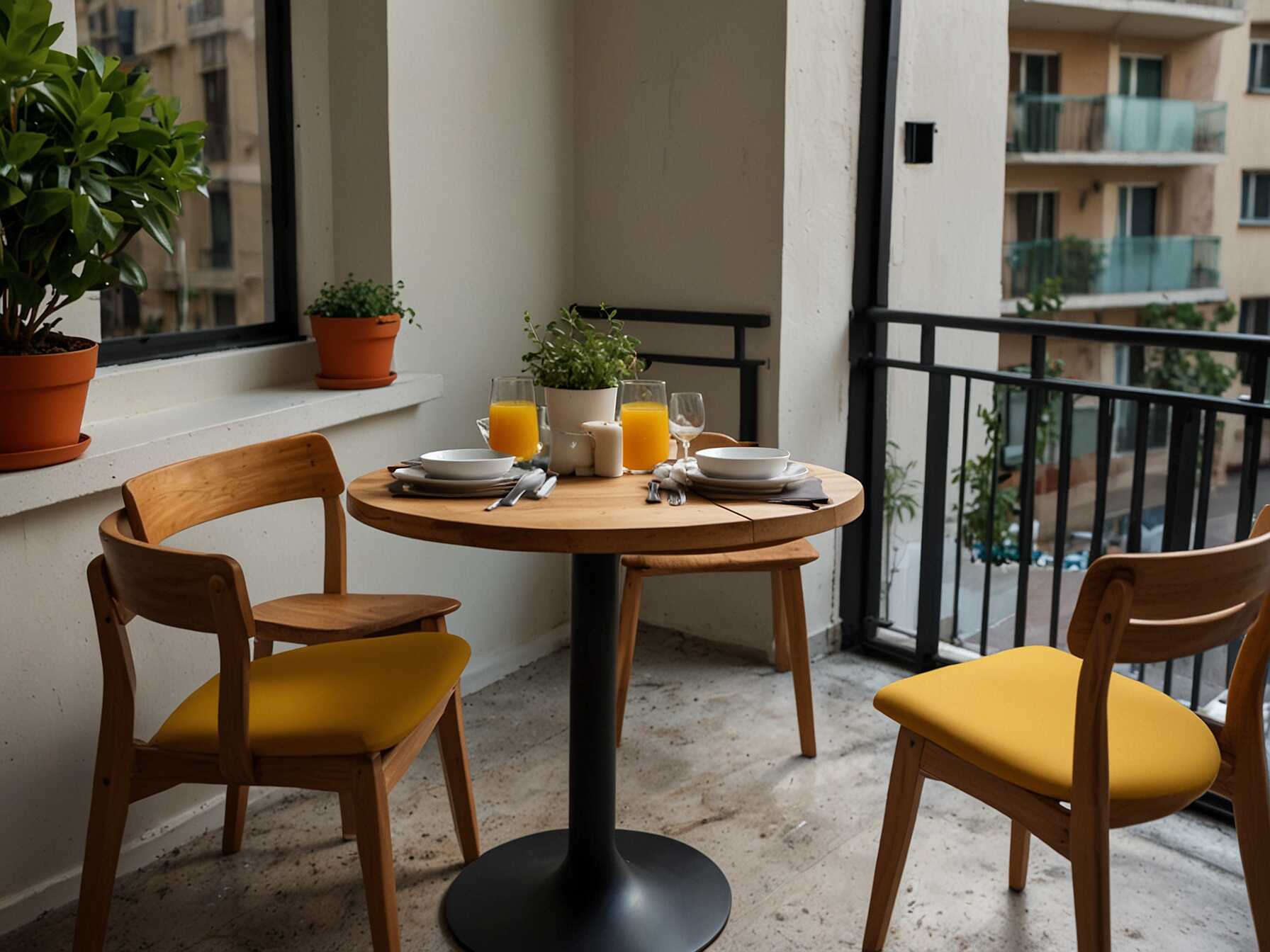 Set up a small dining table and chairs. Enjoy breakfast or dinner on your balcony. It’s a great way to use the space.  