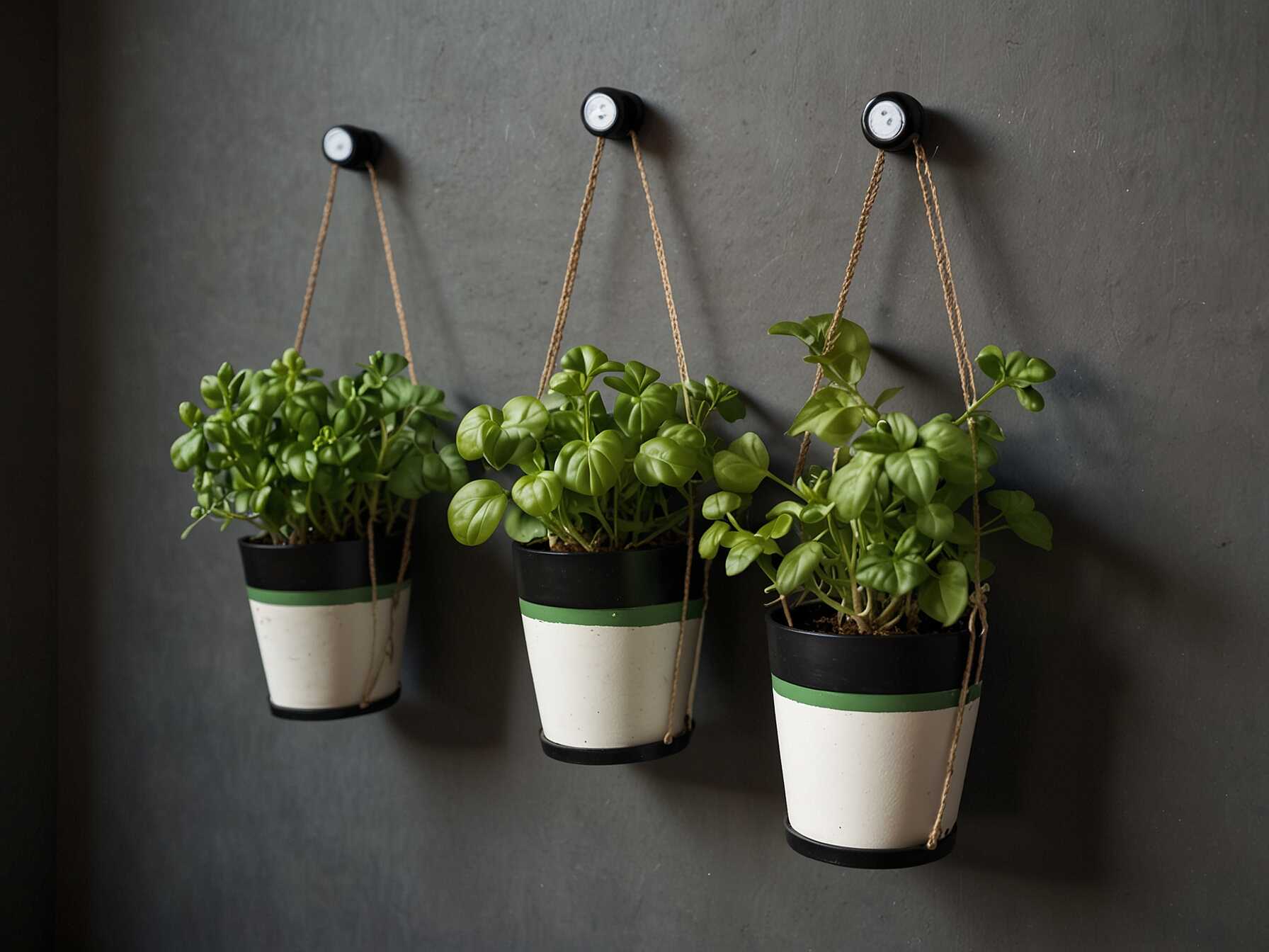 Make a vertical herb garden with hanging pots. It’s practical for small spaces. You get fresh herbs without using any floor space.  