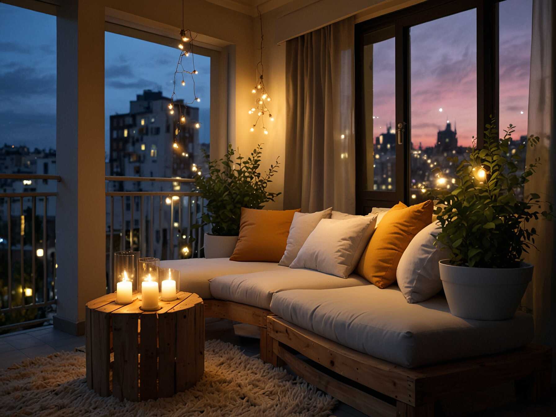 Add warm lighting like string lights or lanterns. This will create a magical atmosphere in the evenings. It makes your balcony feel welcoming.  