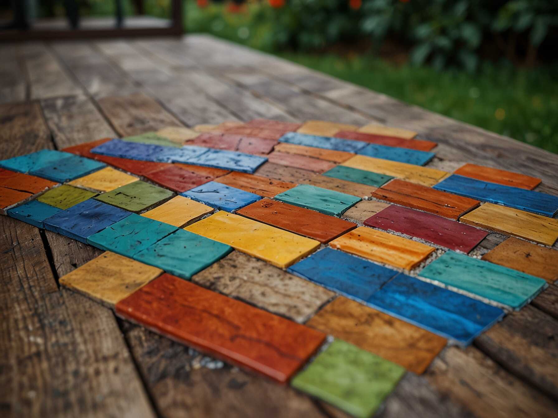 Bring art to your outdoors with an artistic deck. Use colorful tiles or painted wood. Let your creativity shine in the design.  