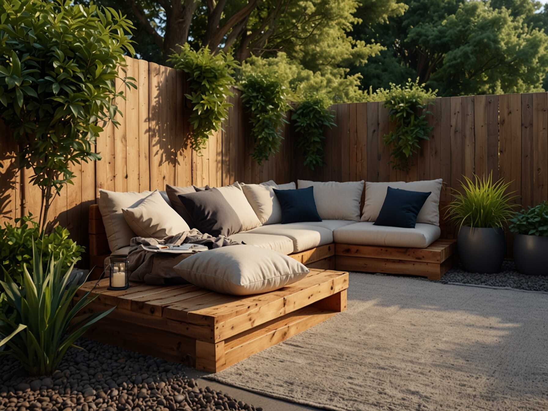 Turn a corner of your yard into a cozy retreat. Use soft cushions and a small coffee table. This design works great for reading or chatting.  