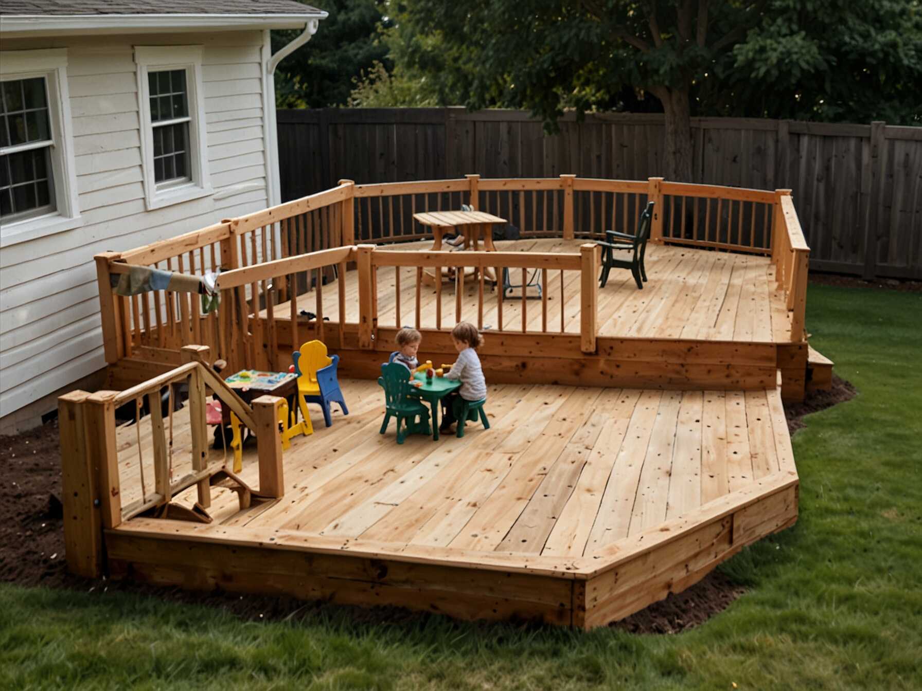 Make a safe and fun deck for all ages. Use smooth, kid-friendly materials. Add a sandbox or small play area for the little ones.  