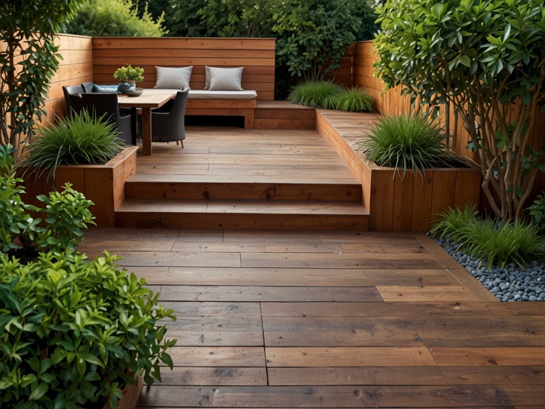 Integrate a deck with your garden. Use planter boxes or built-in garden beds. This design makes your deck feel lush and green.  