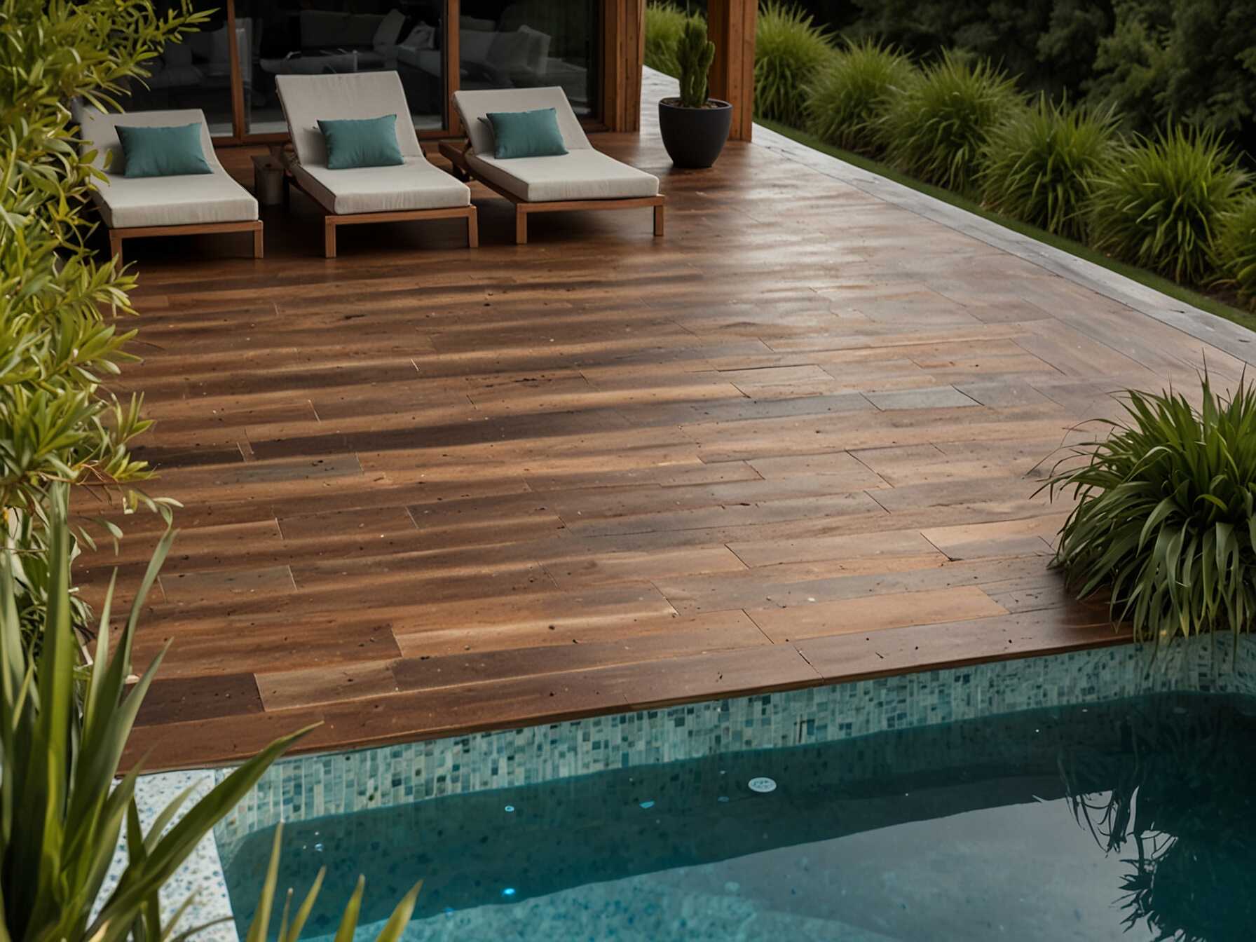 Enhance your pool area with a deck. Use water-resistant materials. It provides a stylish look and a practical place to lounge.  