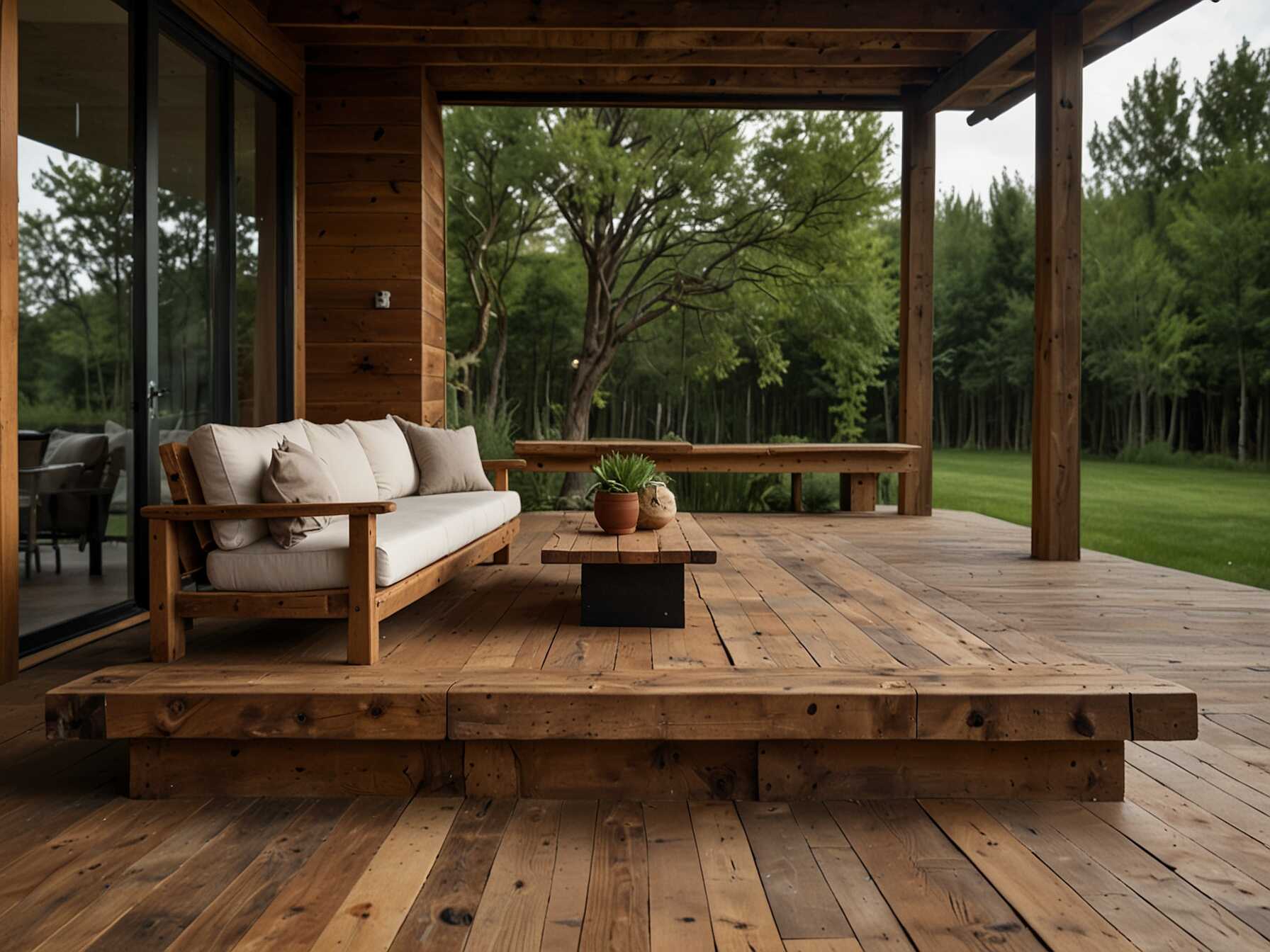 Use natural wood and earthy tones for a rustic feel. This type of deck blends well with natural surroundings. Add some wooden furniture to complete the look.  