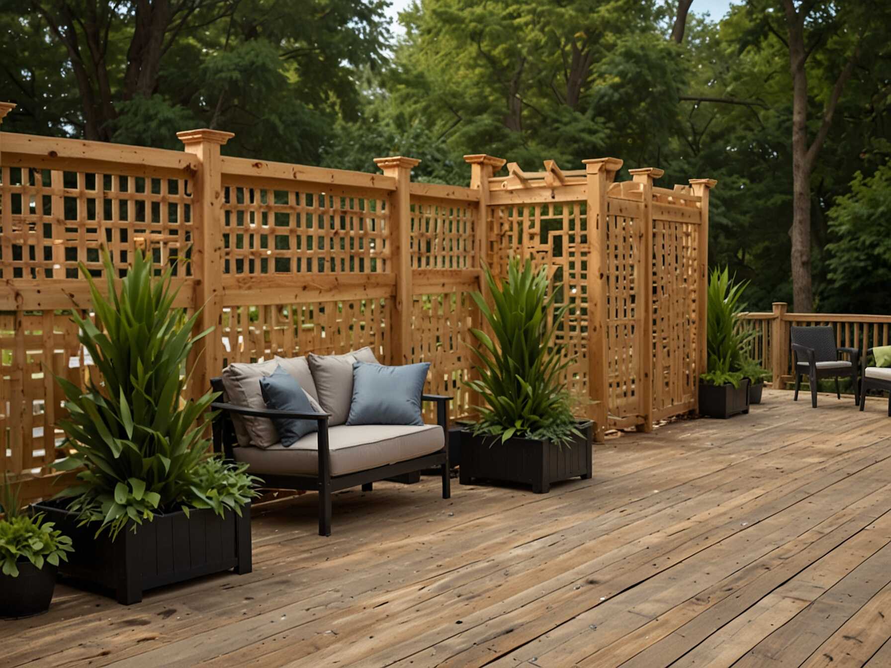 Want some privacy? Build a screening deck. Use lattice, tall plants, or a pergola. Its perfect for enjoying your outdoor space without prying eyes.  