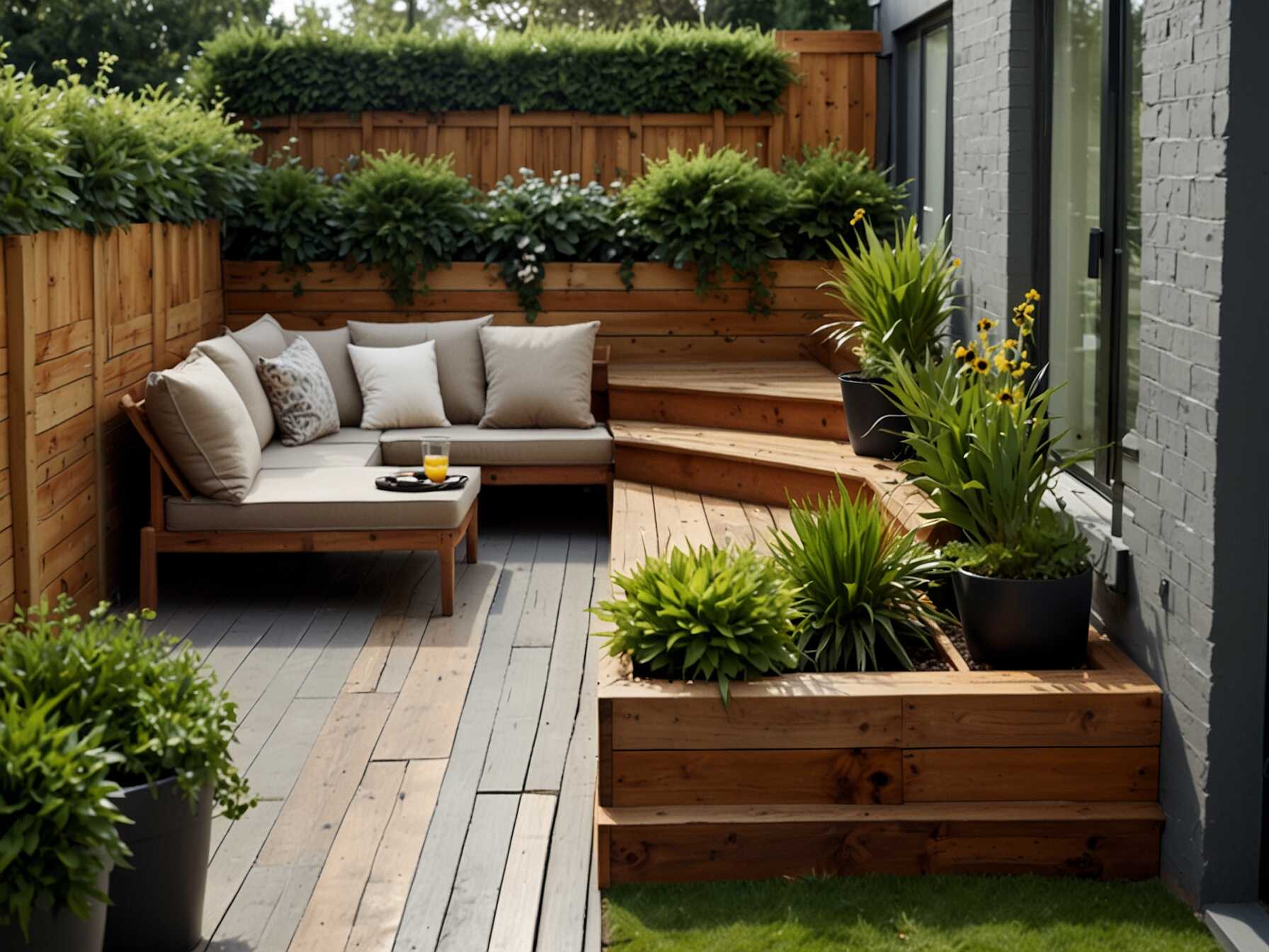 Make the most of small yards with a compact deck. Use vertical elements like planters or railings. It can fit in tight spots but still be stylish.  