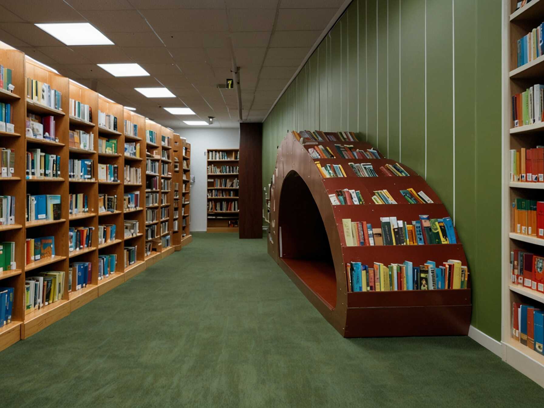  Install book tunnels that kids can crawl through while looking at books. This adds a playful element to the library and makes browsing fun.  