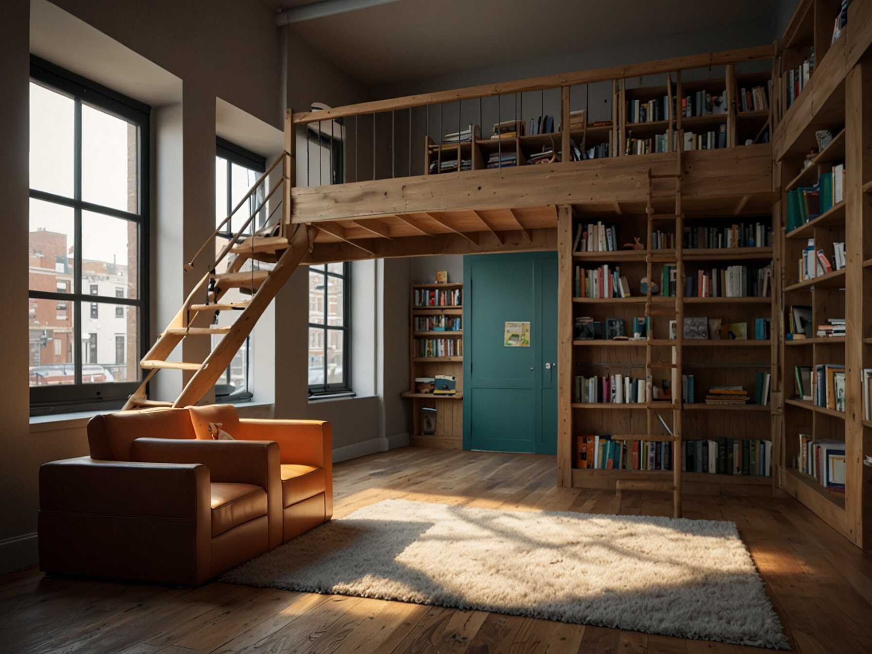  Build a small loft area where kids can climb up and read. This makes the library space more dynamic and adds an element of adventure.  