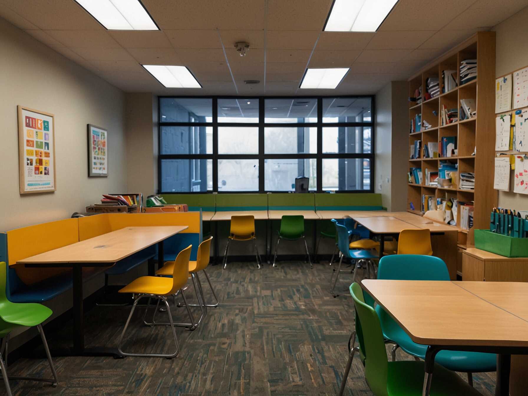  Create quiet study zones with desks, comfortable chairs, and charging stations. These zones help students and adults focus on their work or reading without distractions.  