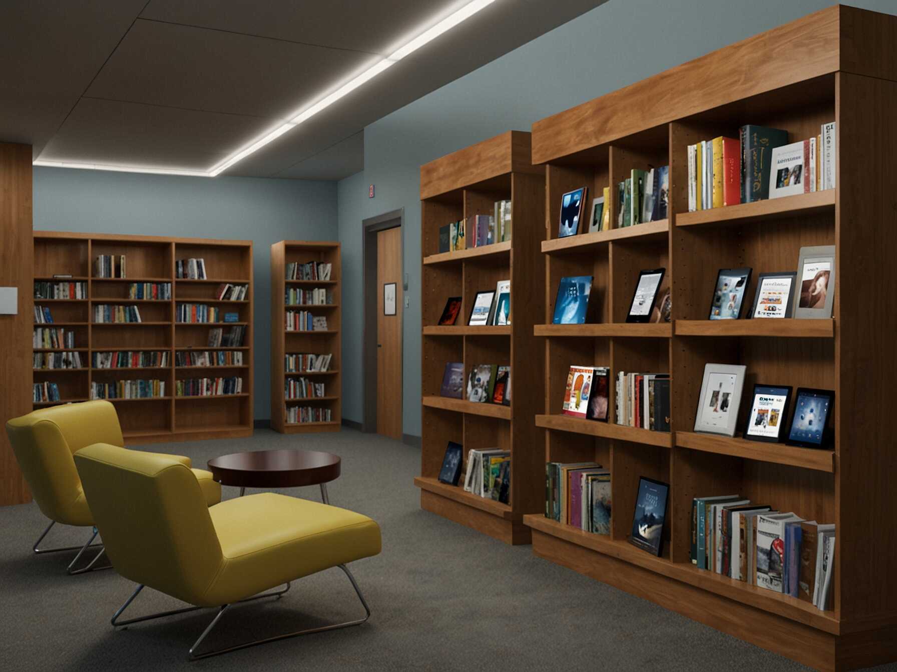  Incorporate technology like tablets and e-readers into the library design. Create digital stations where readers can access eBooks and educational apps. This blends traditional reading with modern tech.  