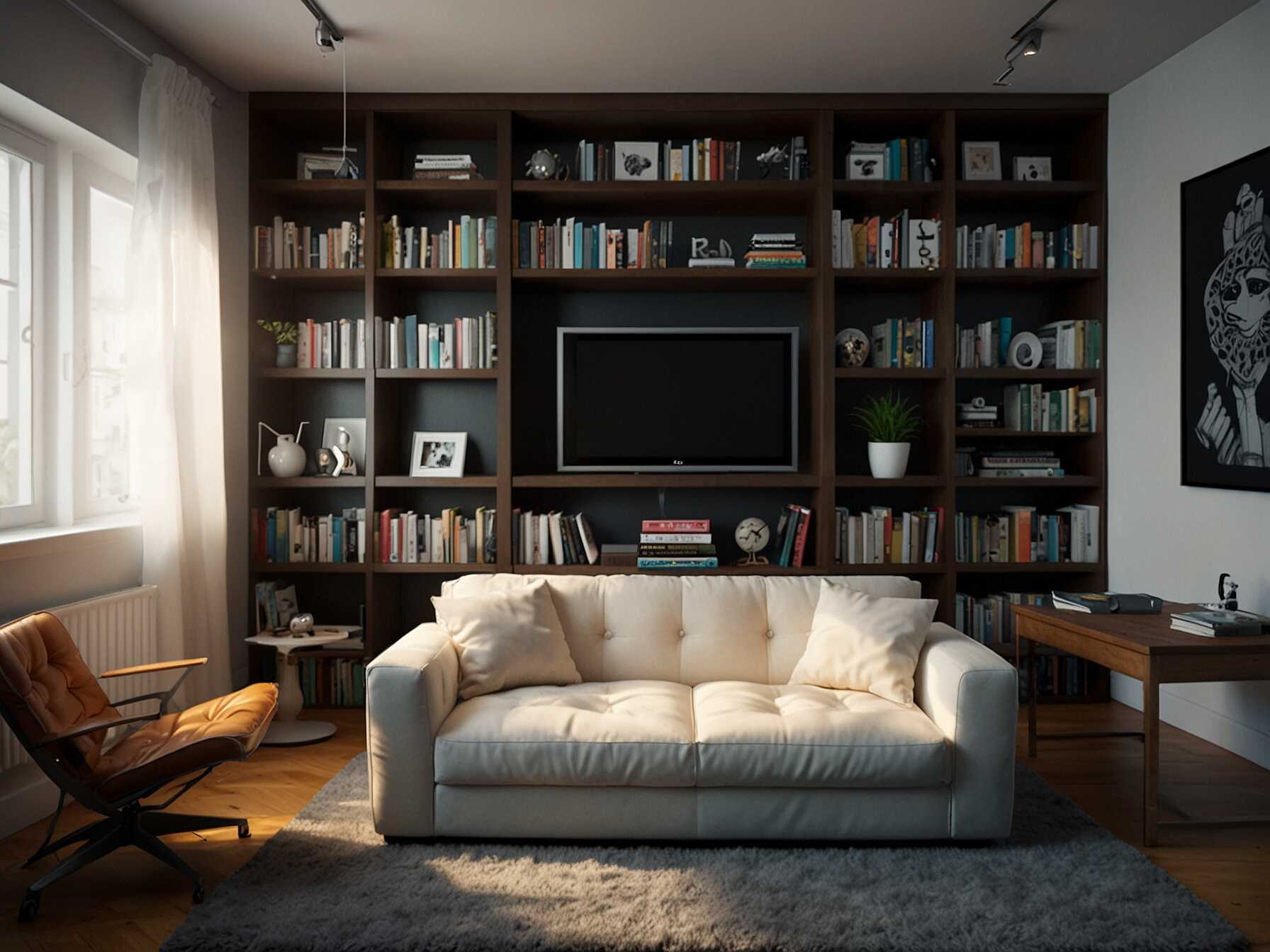  Design a cool and modern area just for teenagers. Include comfy seating, tech gadgets, and bookshelves with popular teen books to make it appealing for young adults.  