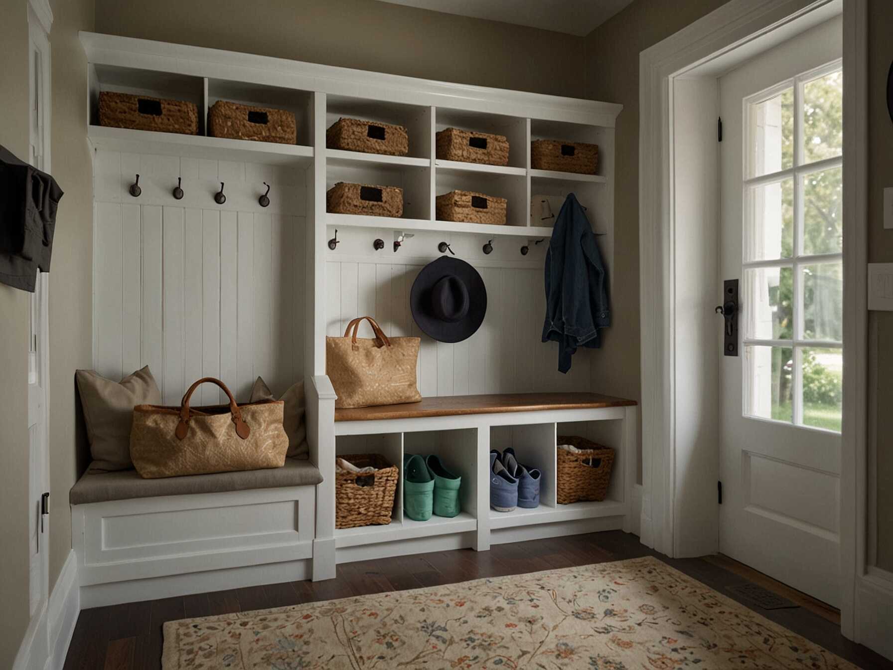 Built-in cabinets can add a lot of storage to your mudroom. You can store shoes, coats, and bags inside them. This helps keep the space looking neat and clean.  