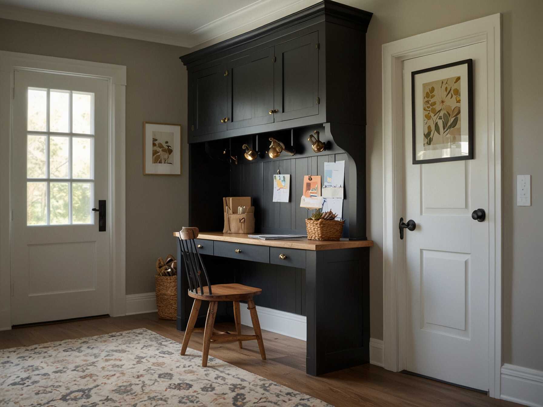 A built-in desk can be very useful. Use it as a small workspace or for sorting mail. It adds functionality to your mudroom.  